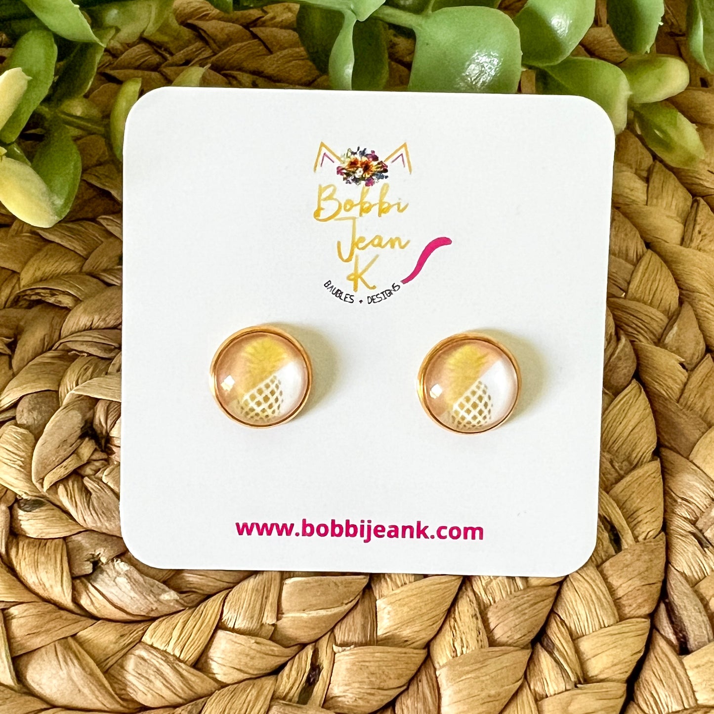 SALE: Golden Pineapple Glass Studs 12mm: Choose Silver or Gold Settings - LAST CHANCE