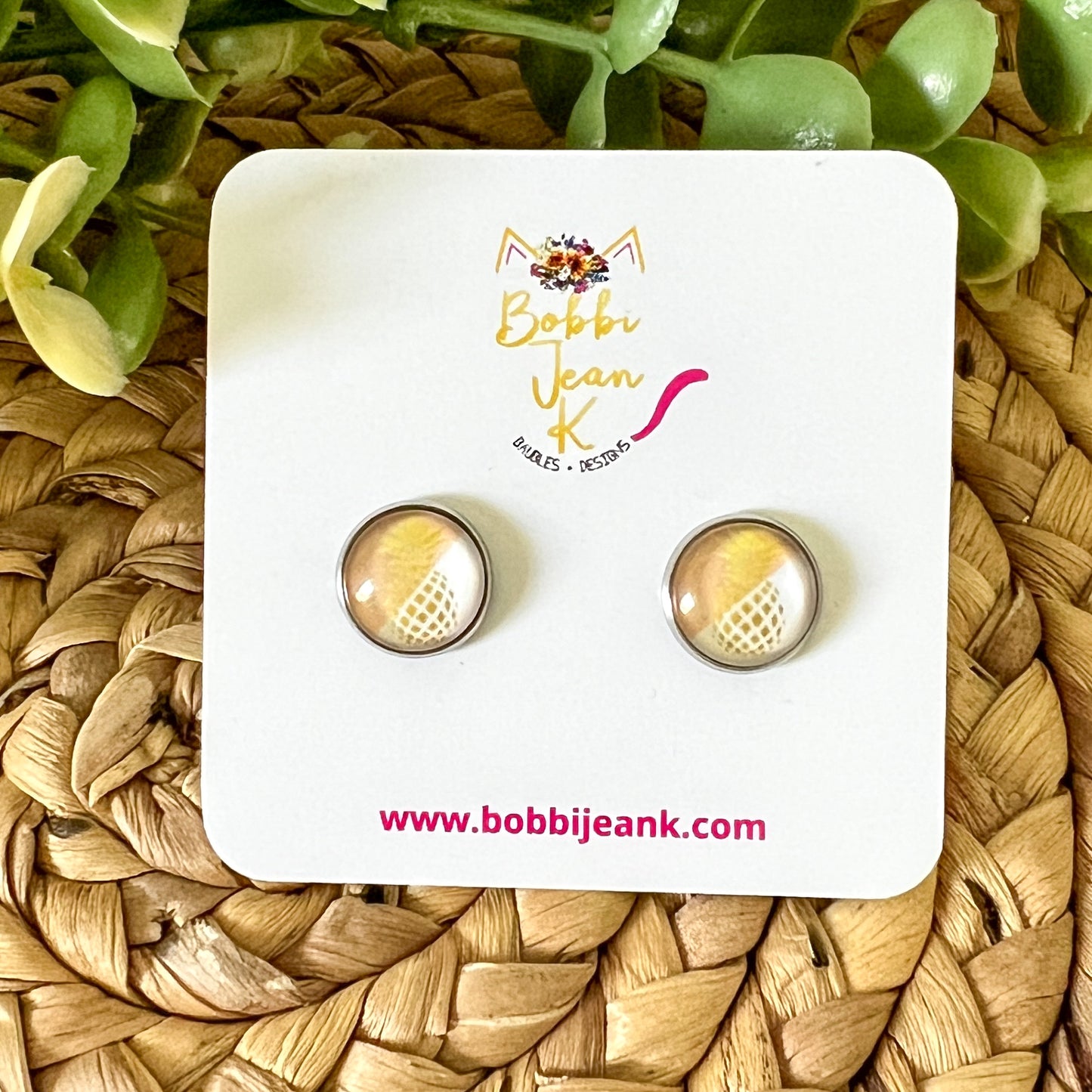 SALE: Golden Pineapple Glass Studs 12mm: Choose Silver or Gold Settings - LAST CHANCE