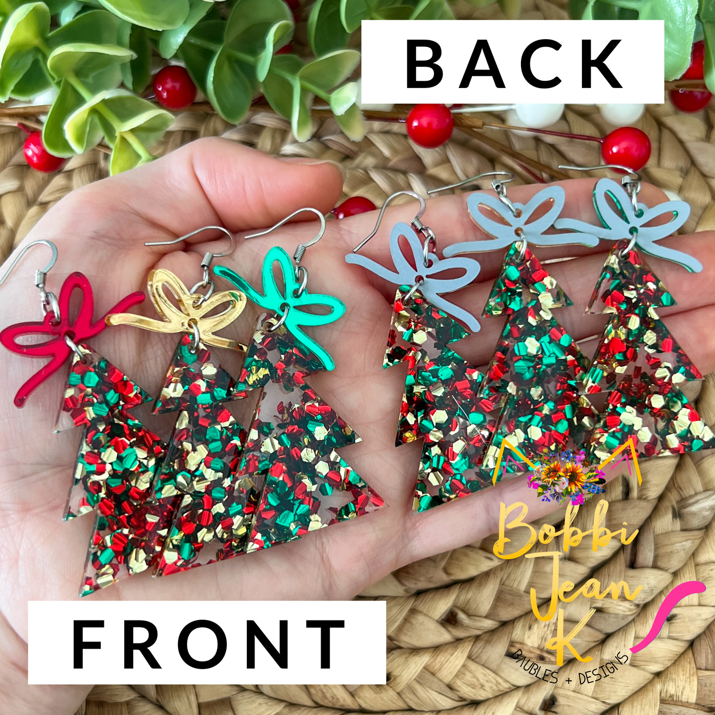Holiday Cheer Glittered Acrylic Traditional Tree Earrings: Choose from 3 Bow Color Options