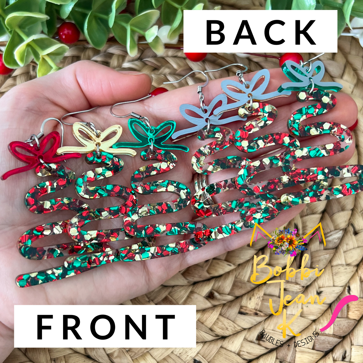 Holiday Cheer Glittered Acrylic Swirl Tree Earrings: Choose from 3 Bow Color Options