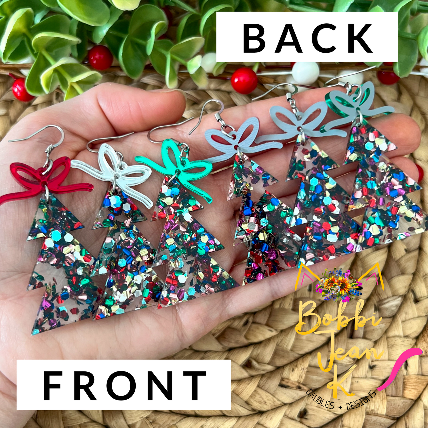 Confetti Bomb Glittered Acrylic Traditional Tree Earrings: Choose from 3 Bow Color Options - LAST CHANCE