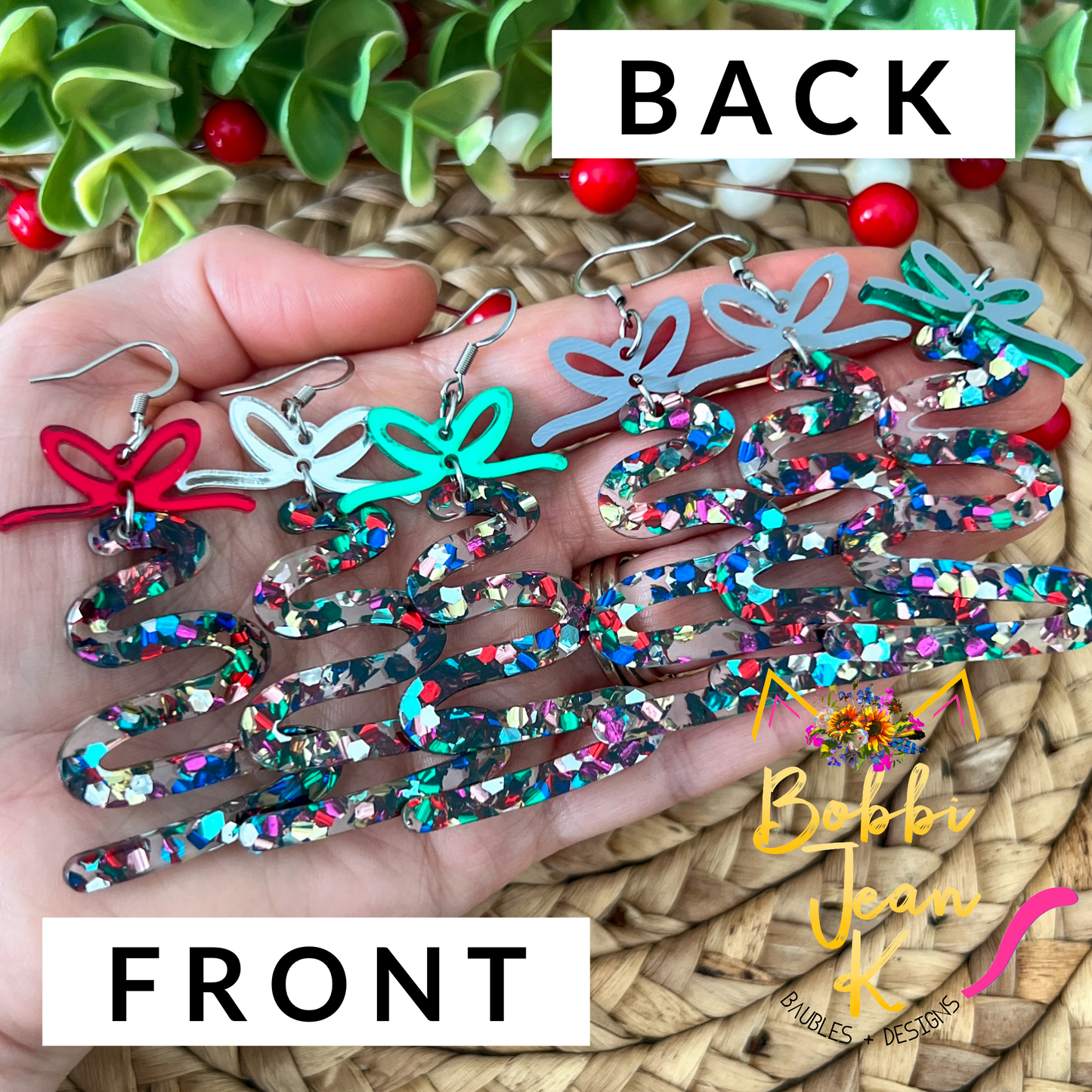 Confetti Bomb Glittered Acrylic Swirl Tree Earrings: Choose from 3 Bow Color Options - LAST CHANCE