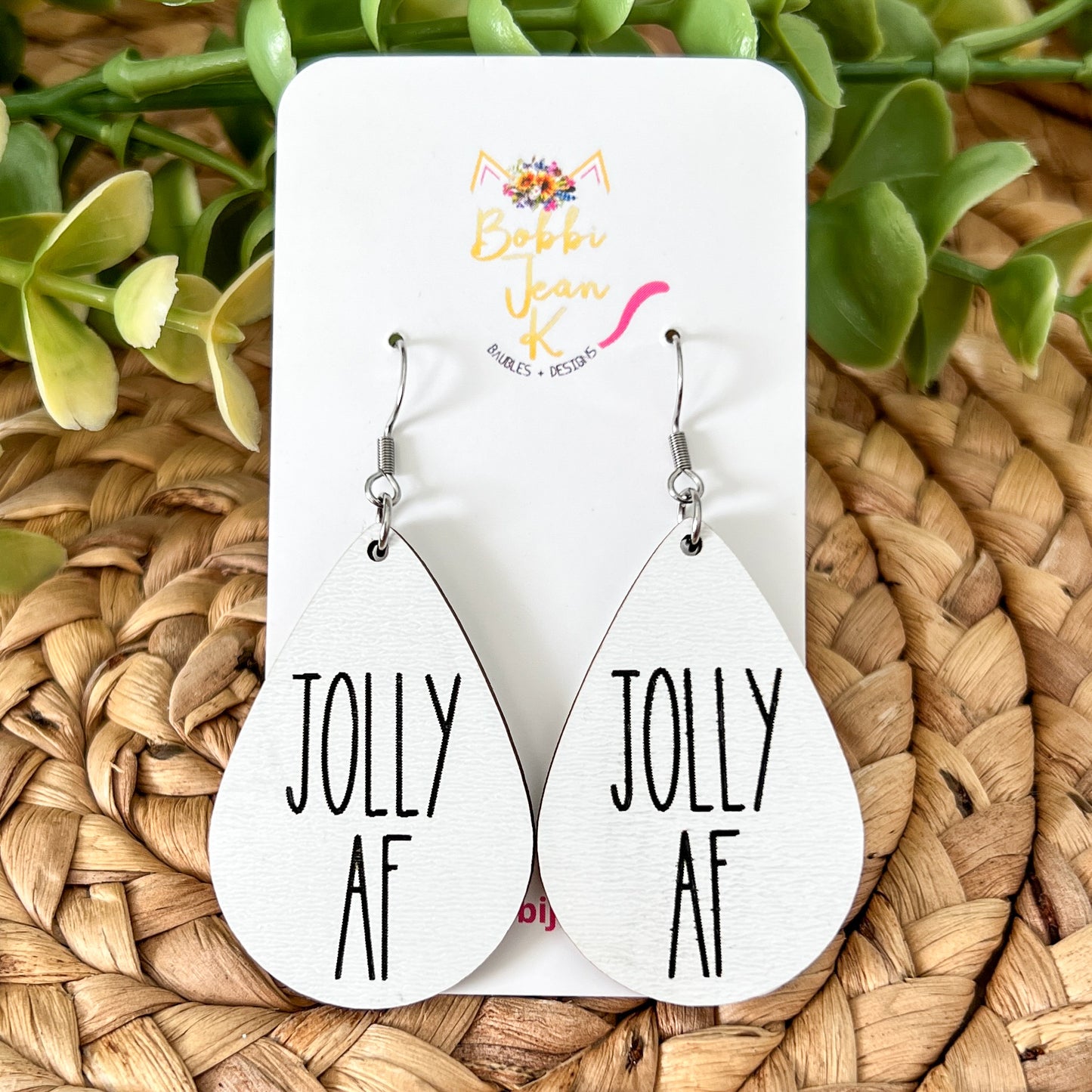Jolly AF White Wood Teardrop & Stud Earrings