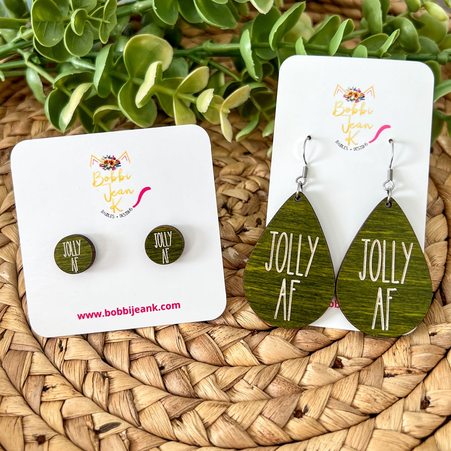 Jolly AF Green Dyed Wood Teardrop & Stud Earrings