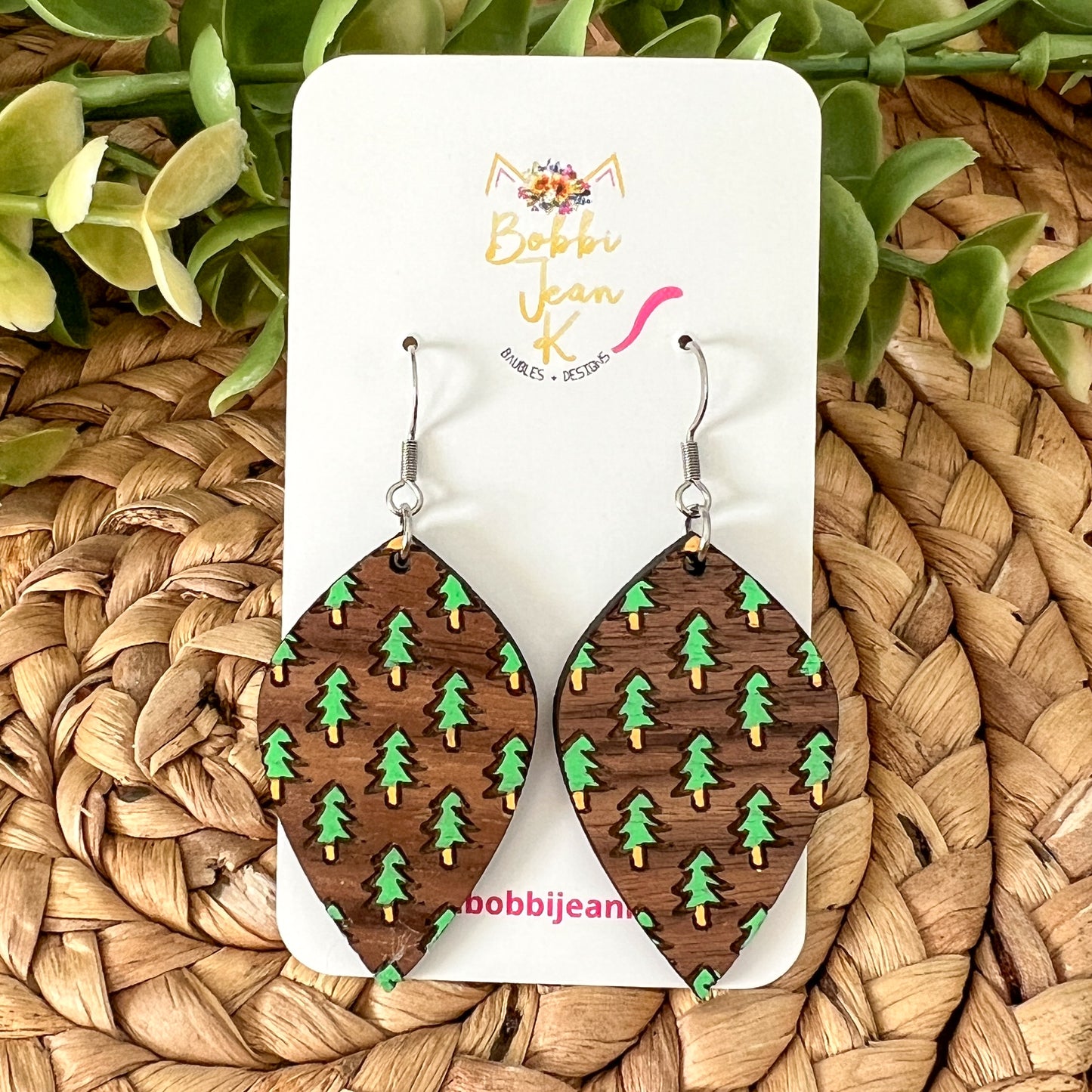 Hand Painted Walnut Wood Forest Earrings