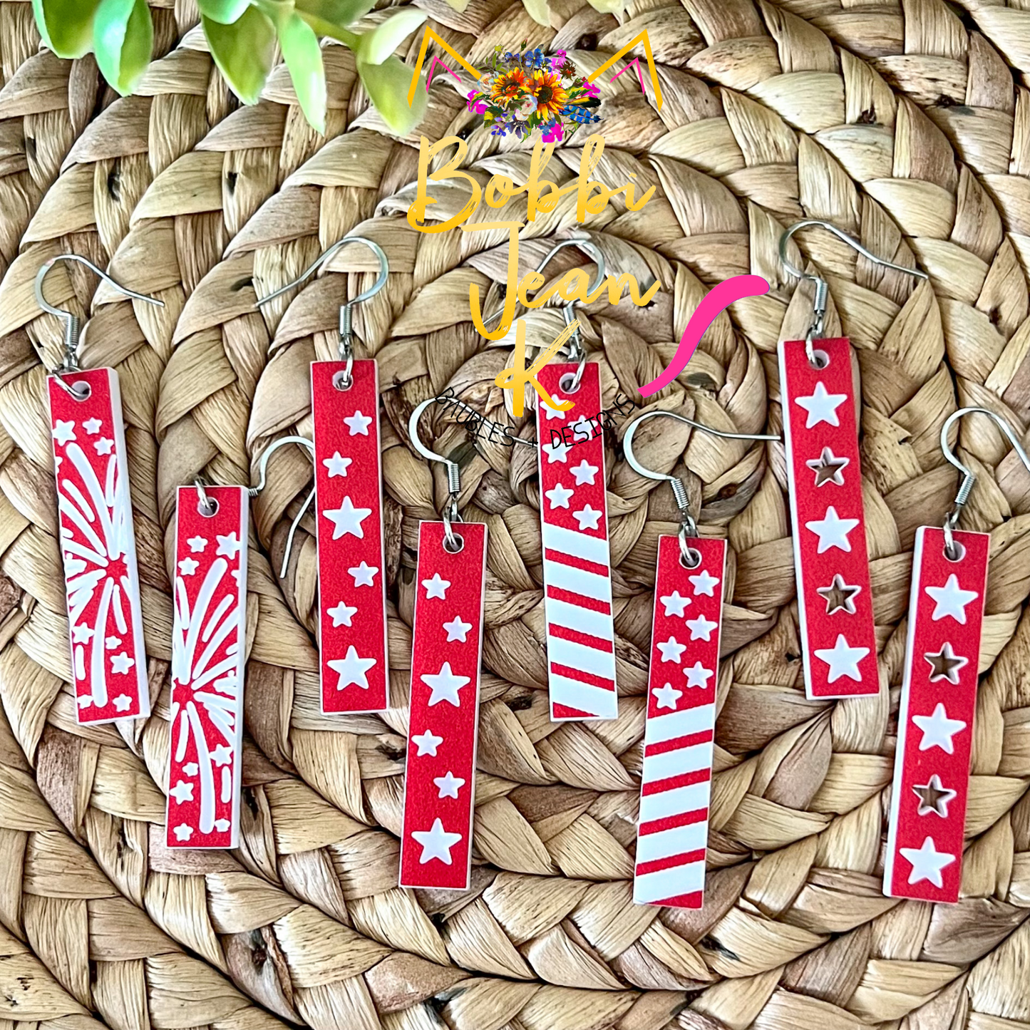 Red or Blue Engraved Patriotic Acrylic Bar Earrings: Choose From 4 Styles