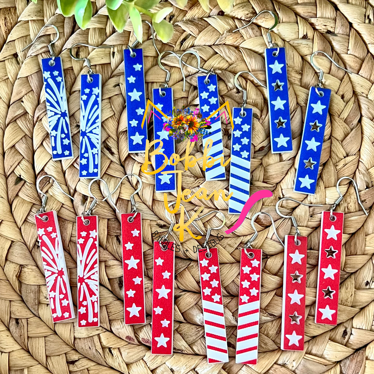 Red or Blue Engraved Patriotic Acrylic Bar Earrings: Choose From 4 Styles