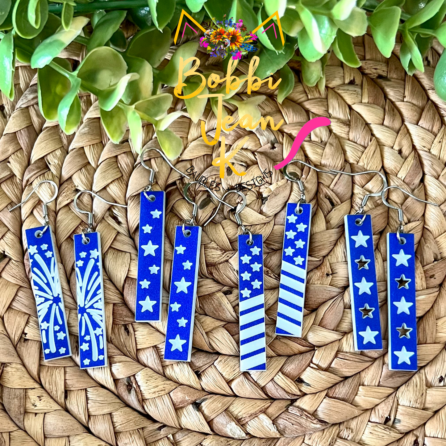 Red or Blue Engraved Patriotic Acrylic Bar Earrings: Choose From 4 Styles