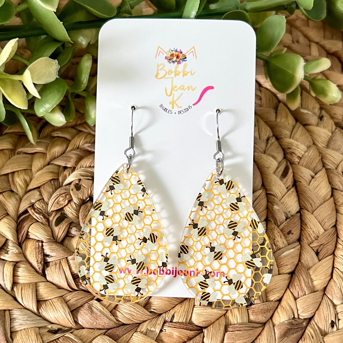 Mini Bee & Honeycomb Acrylic Teardrop Earrings