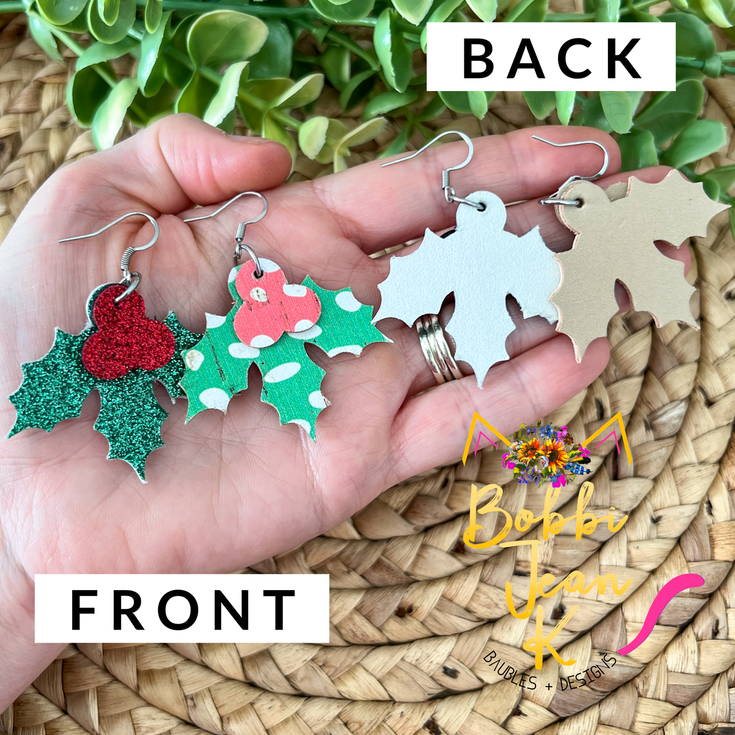 Holly Berry Leather Earrings: Choose From 2 Print Options - LAST CHANCE