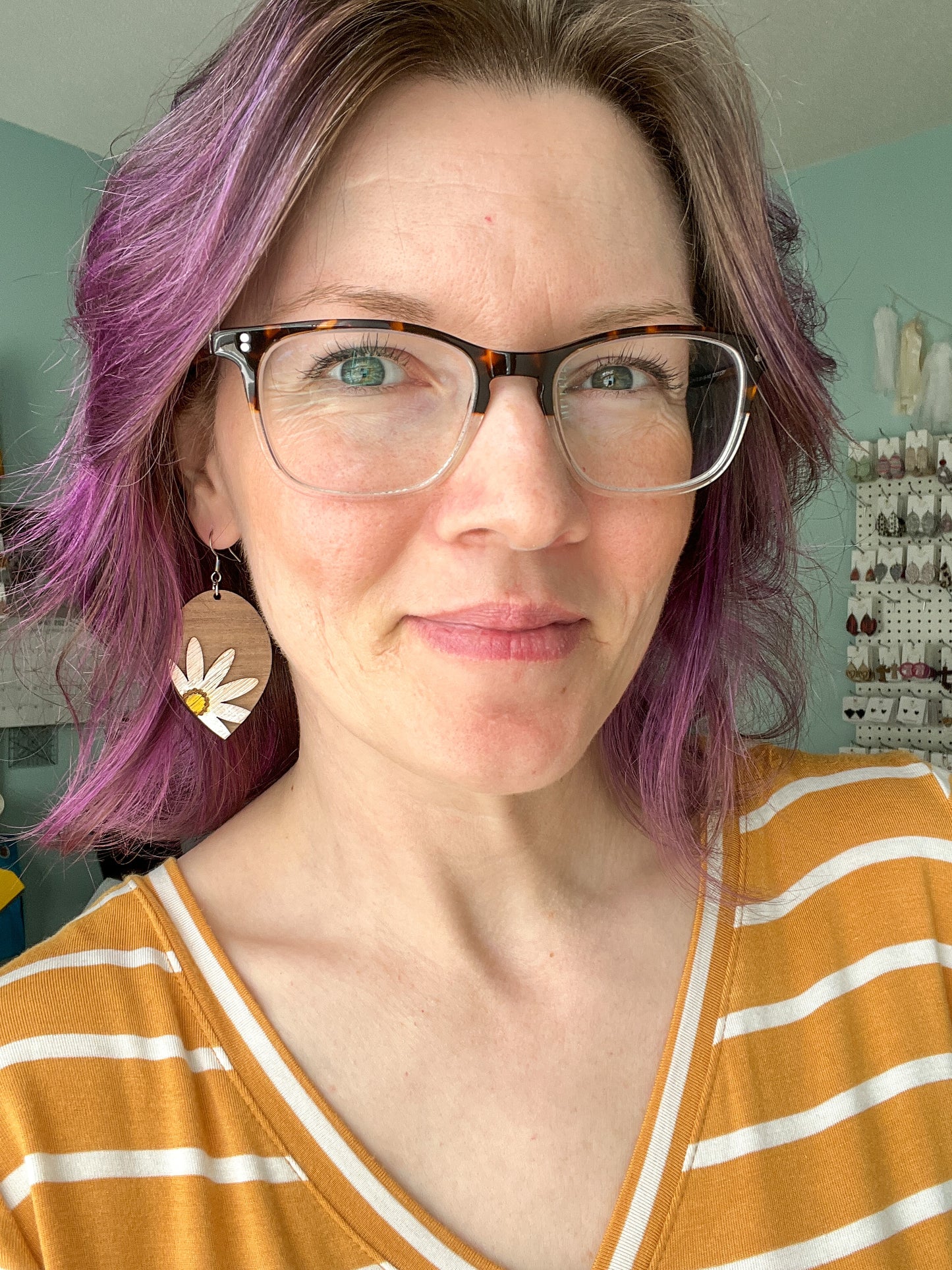 SALE: Distressed Daisy Hand Painted 3D Walnut Wood Inverted Teardrop Earrings:  Choose From 2 Size Options - DESIGN BEING DISCONTINUED