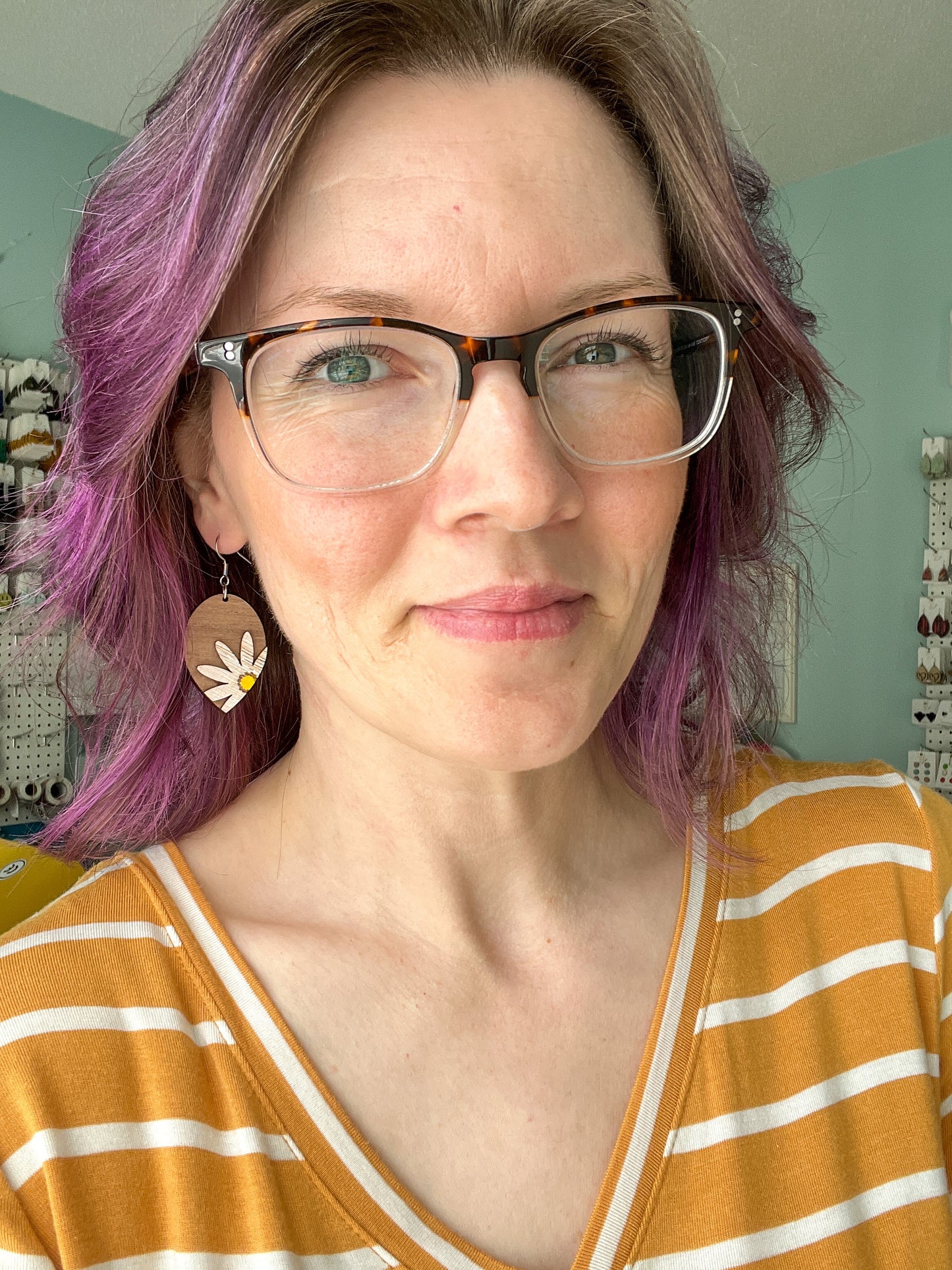 SALE: Distressed Daisy Hand Painted 3D Walnut Wood Inverted Teardrop Earrings:  Choose From 2 Size Options - DESIGN BEING DISCONTINUED