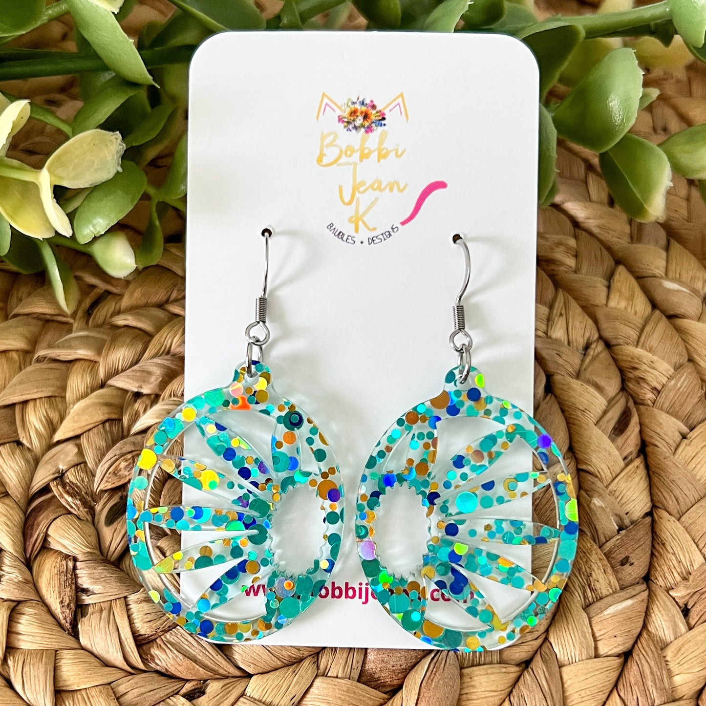 Blue/Green/Gold Confetti Acrylic Daisy Earrings: Choose From 2 Styles