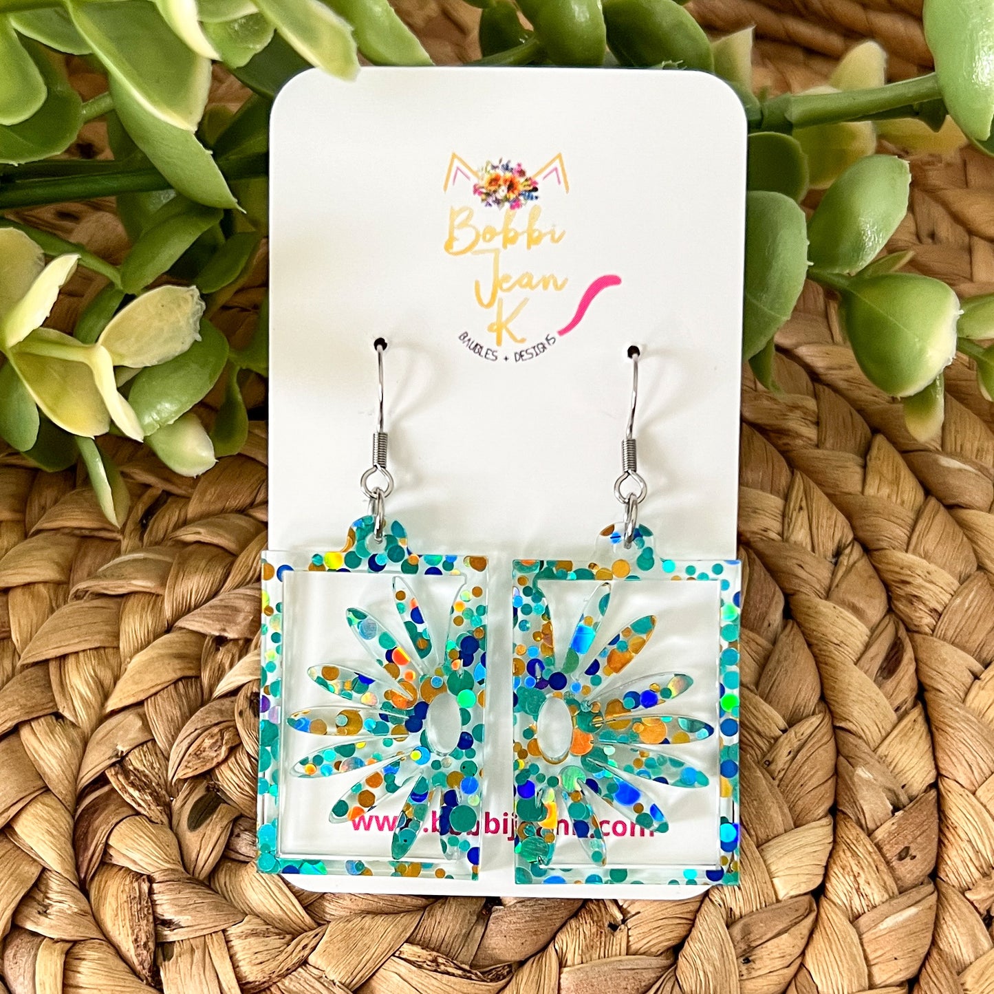 Blue/Green/Gold Confetti Acrylic Daisy Earrings: Choose From 2 Styles