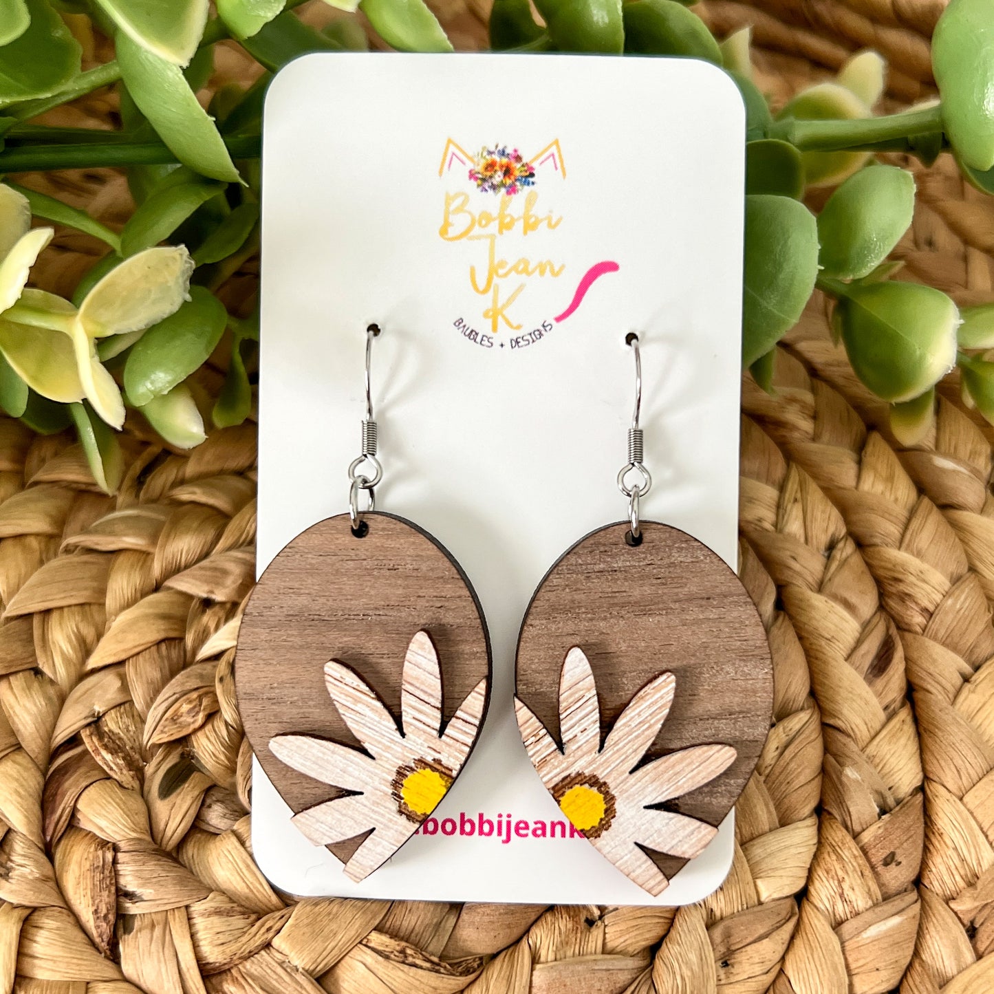 SALE: Distressed Daisy Hand Painted 3D Walnut Wood Inverted Teardrop Earrings:  Choose From 2 Size Options - DESIGN BEING DISCONTINUED