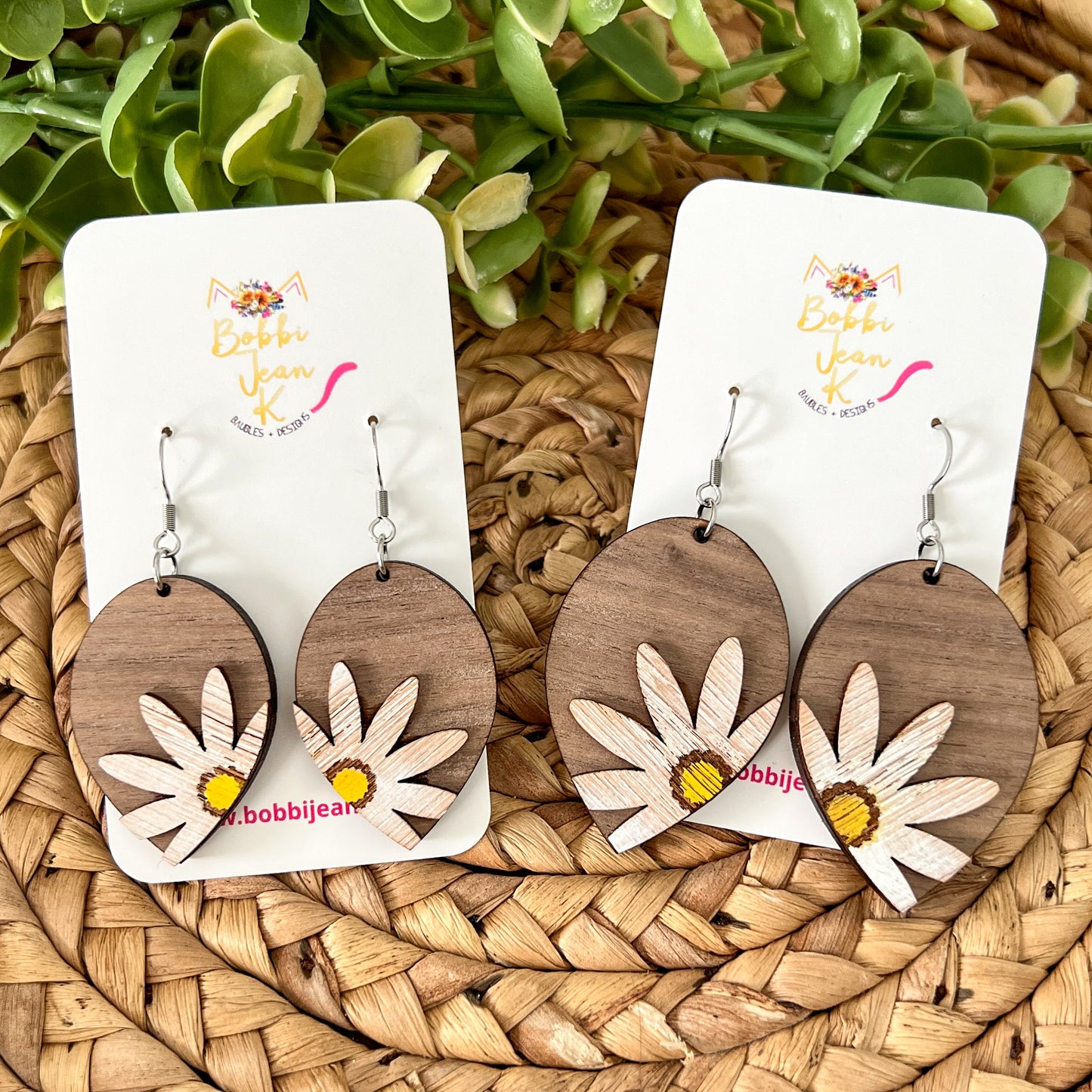 SALE: Distressed Daisy Hand Painted 3D Walnut Wood Inverted Teardrop Earrings:  Choose From 2 Size Options - DESIGN BEING DISCONTINUED