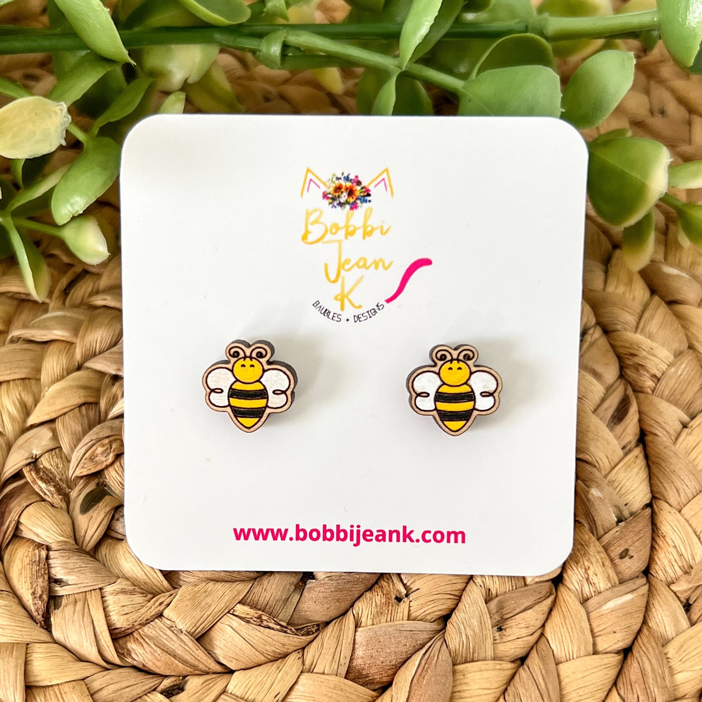 Hand Painted Bumblebee Wood Earrings: Choose Dangles or Studs
