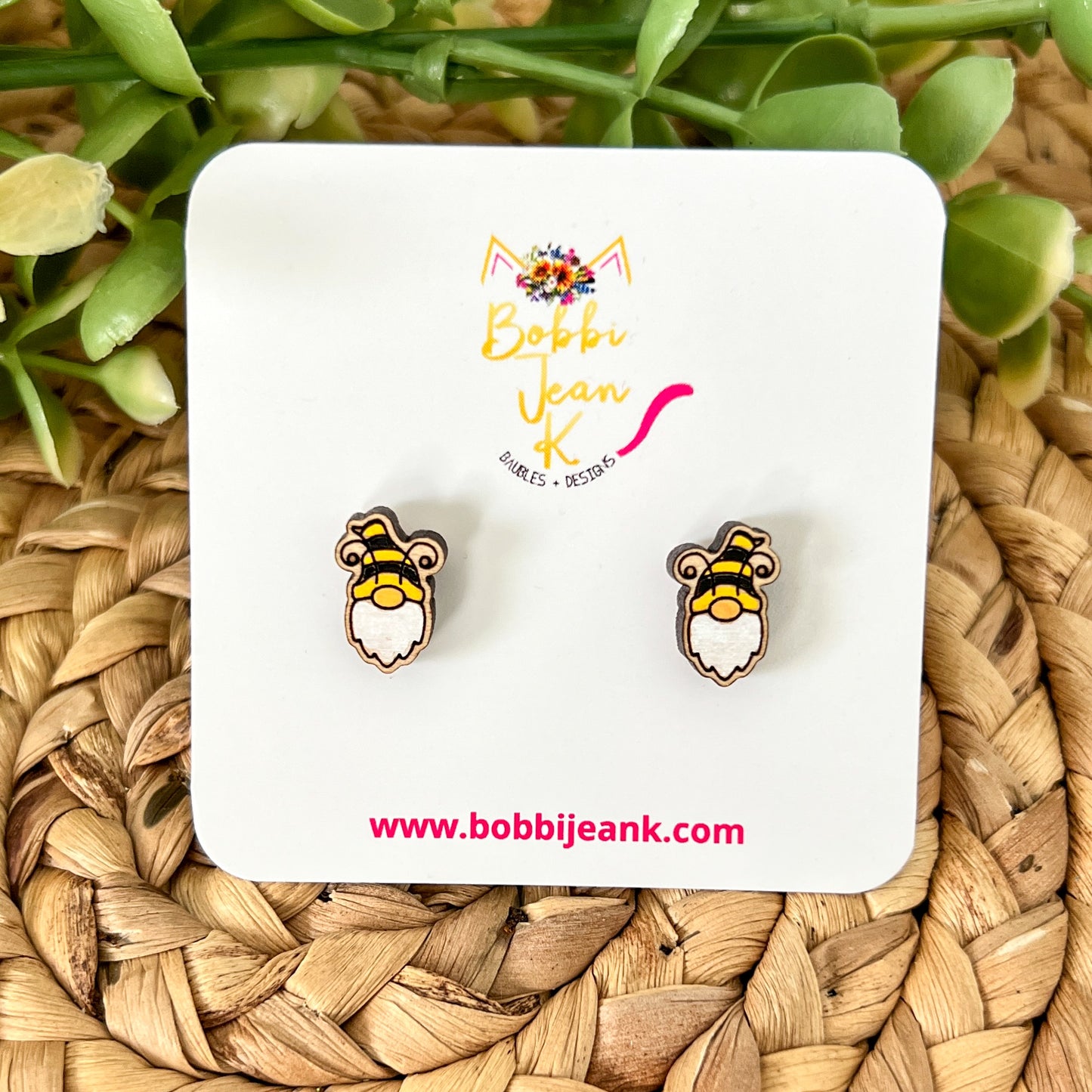Hand Painted Gnome Bee Wood Earrings: Choose Dangles or Studs