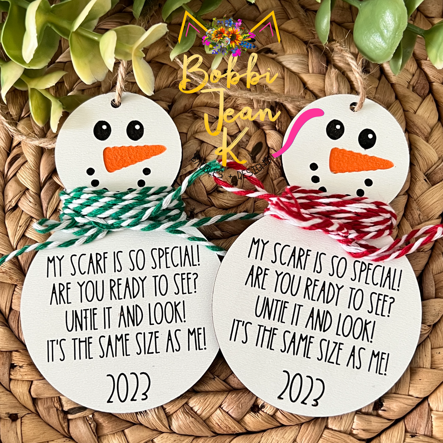 Snowman Growth Wood Ornament: Choose Red or Green Twine