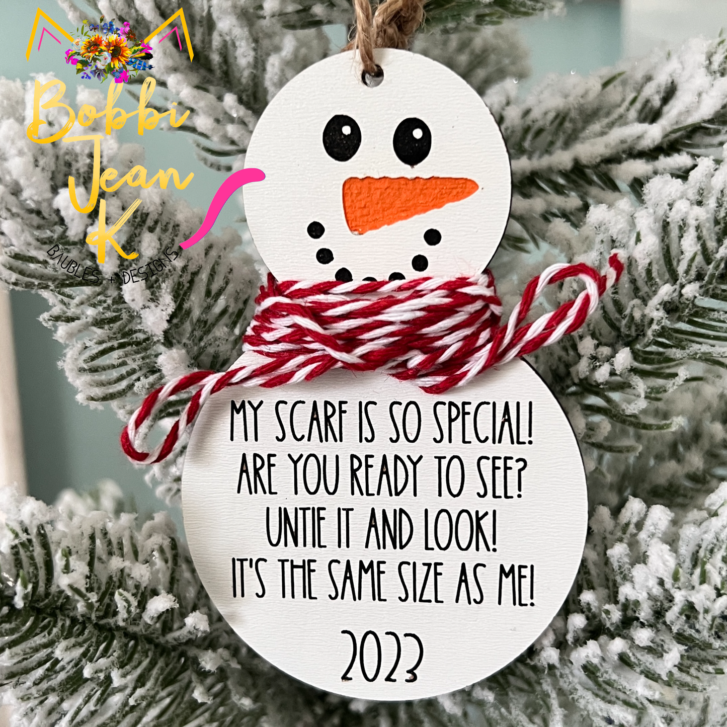 Snowman Growth Wood Ornament: Choose Red or Green Twine