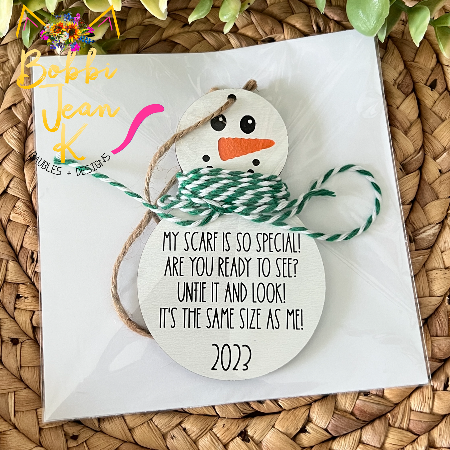 Snowman Growth Wood Ornament: Choose Red or Green Twine