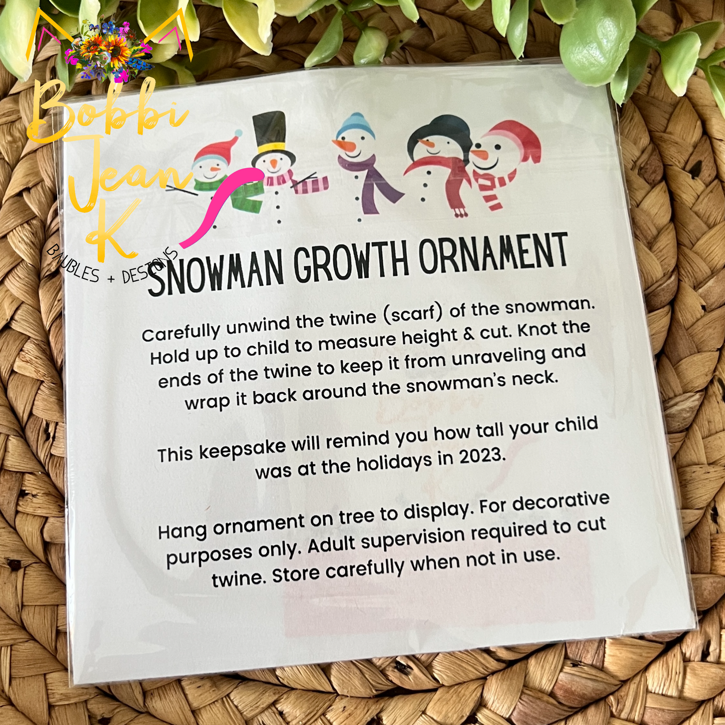 Snowman Growth Wood Ornament: Choose Red or Green Twine