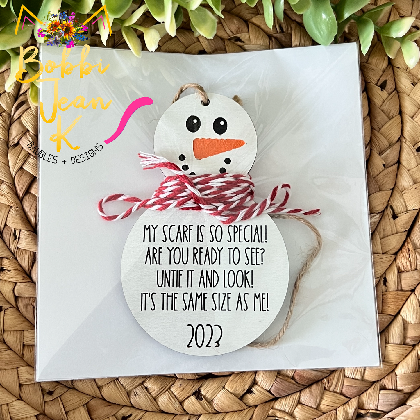 Snowman Growth Wood Ornament: Choose Red or Green Twine