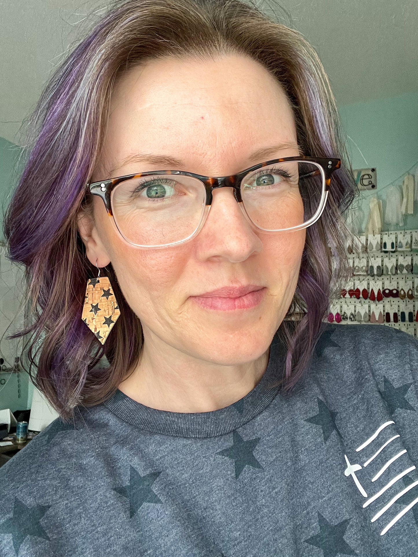 Black Stars on Natural Cork on Leather Pointed Pentagons: Choose From 2 Sizes
