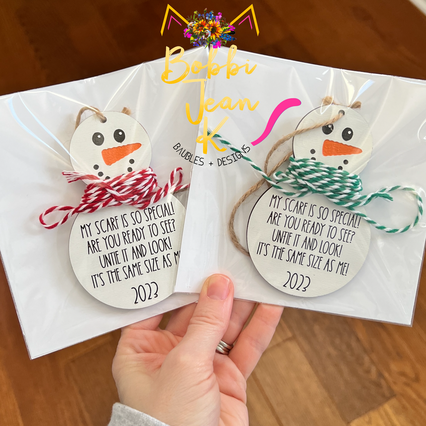 Snowman Growth Wood Ornament: Choose Red or Green Twine