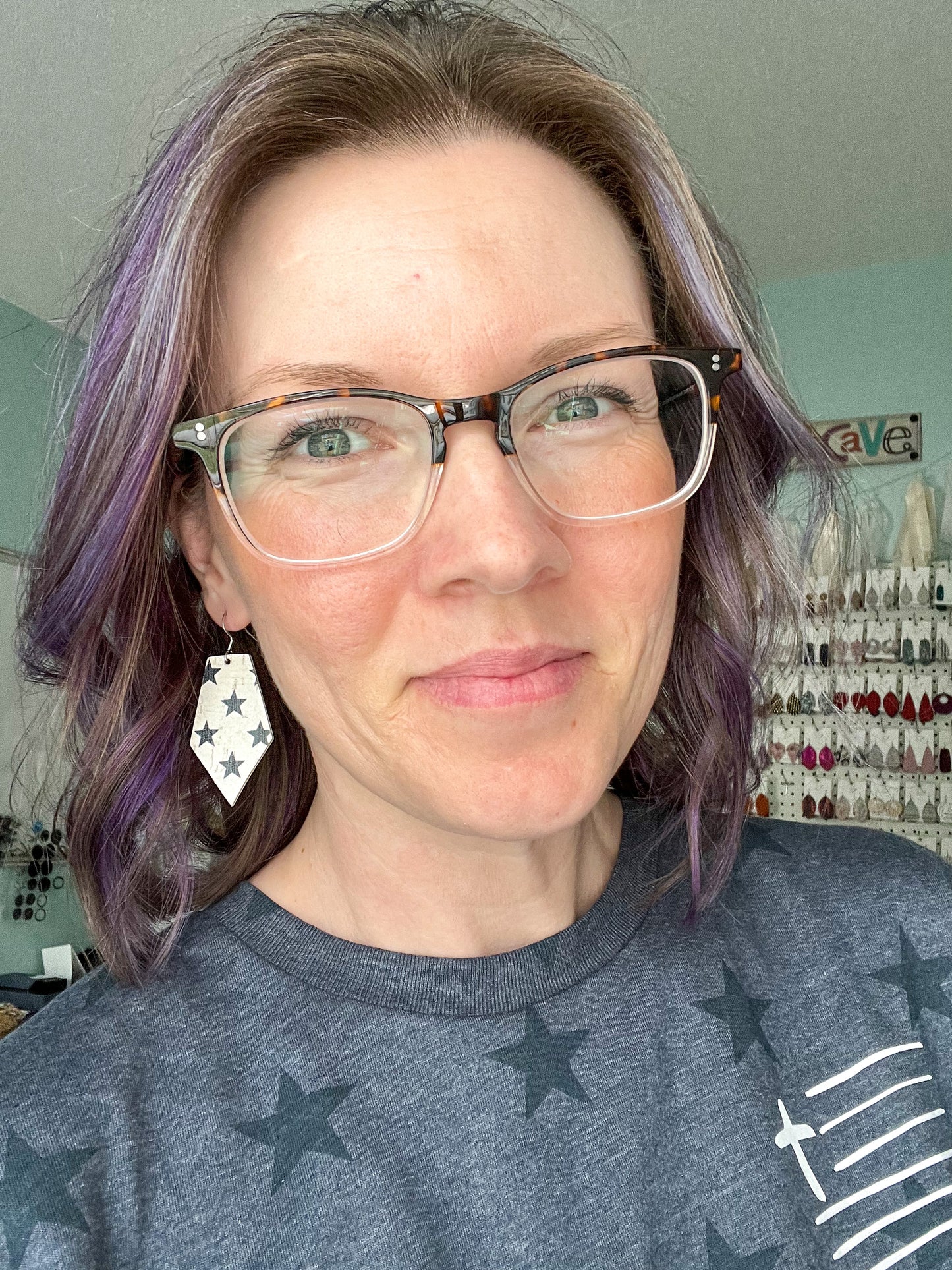 Black Stars on White Cork on Leather Pointed Pentagon Earrings: Choose From 2 Sizes