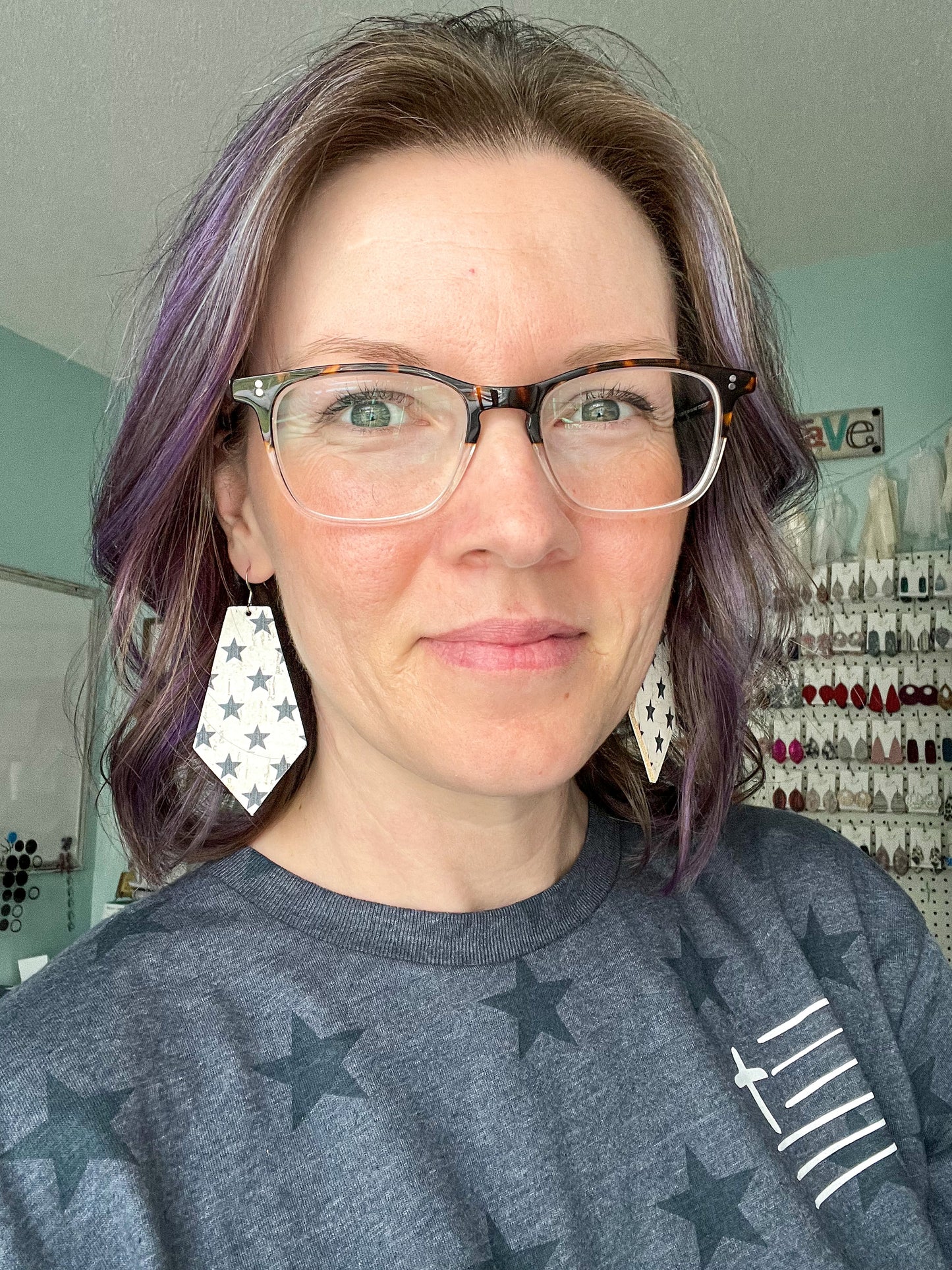 Black Stars on White Cork on Leather Pointed Pentagon Earrings: Choose From 2 Sizes