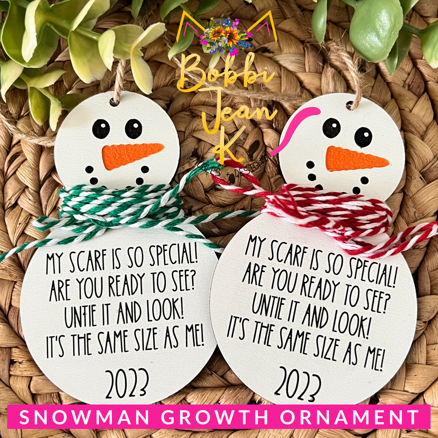 Snowman Growth Wood Ornament: Choose Red or Green Twine