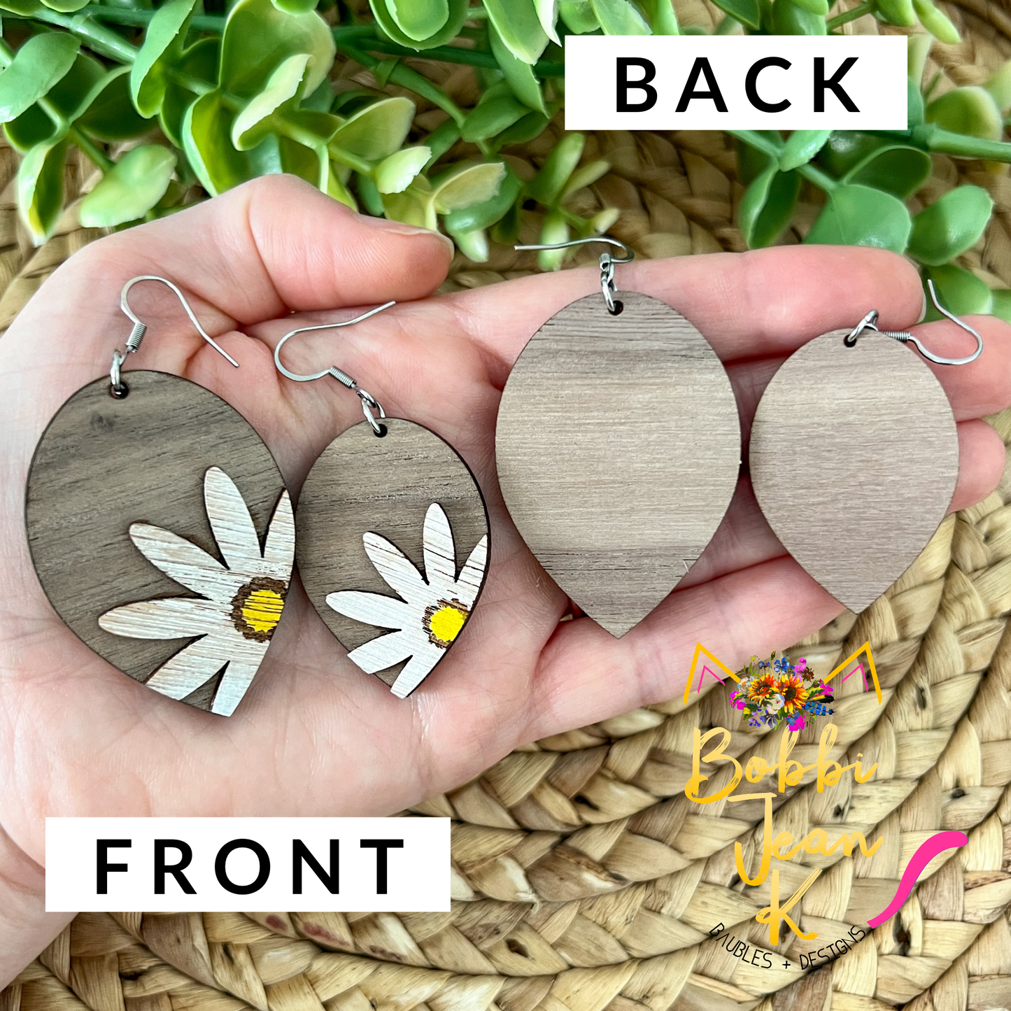 SALE: Distressed Daisy Hand Painted 3D Walnut Wood Inverted Teardrop Earrings:  Choose From 2 Size Options - DESIGN BEING DISCONTINUED