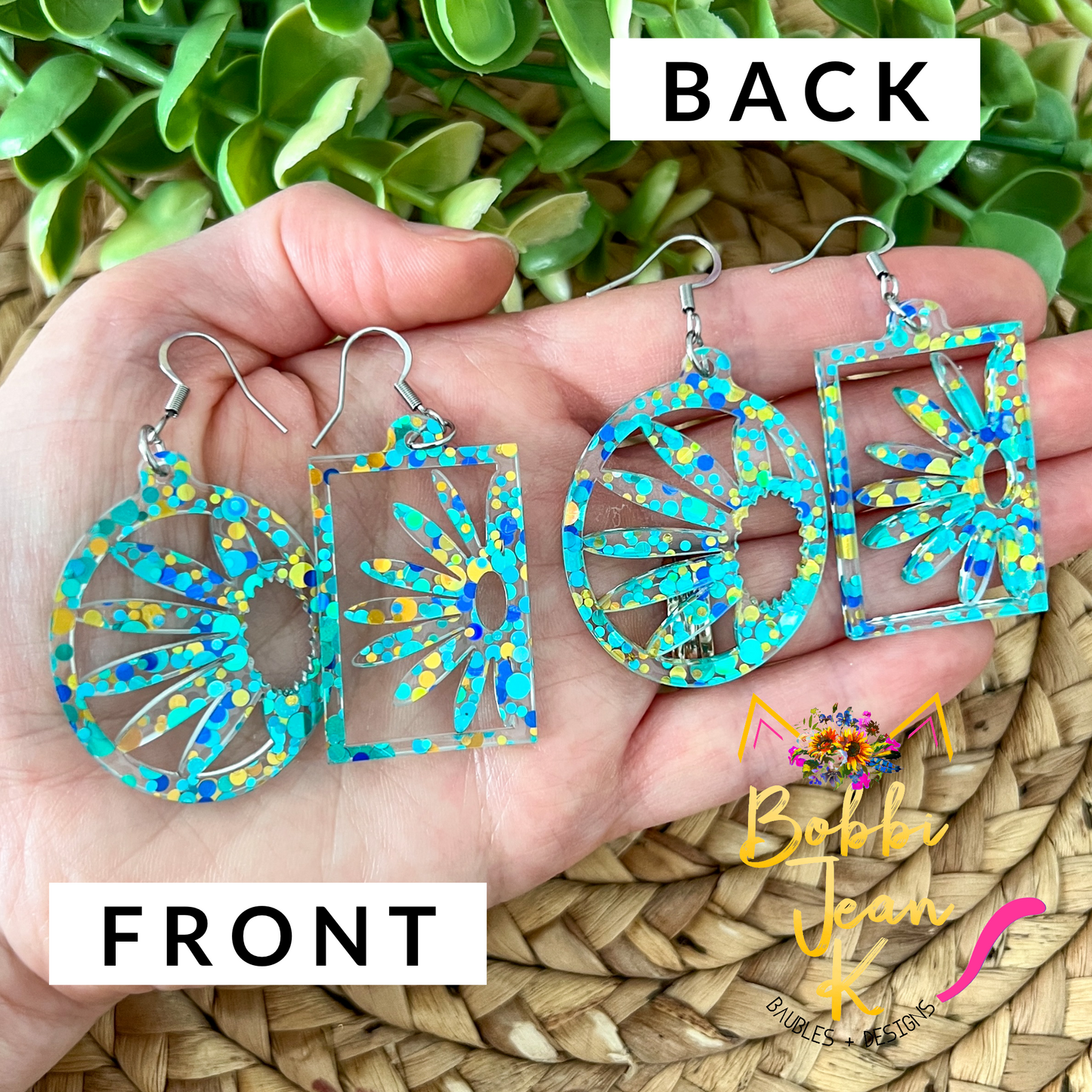 Blue/Green/Gold Confetti Acrylic Daisy Earrings: Choose From 2 Styles
