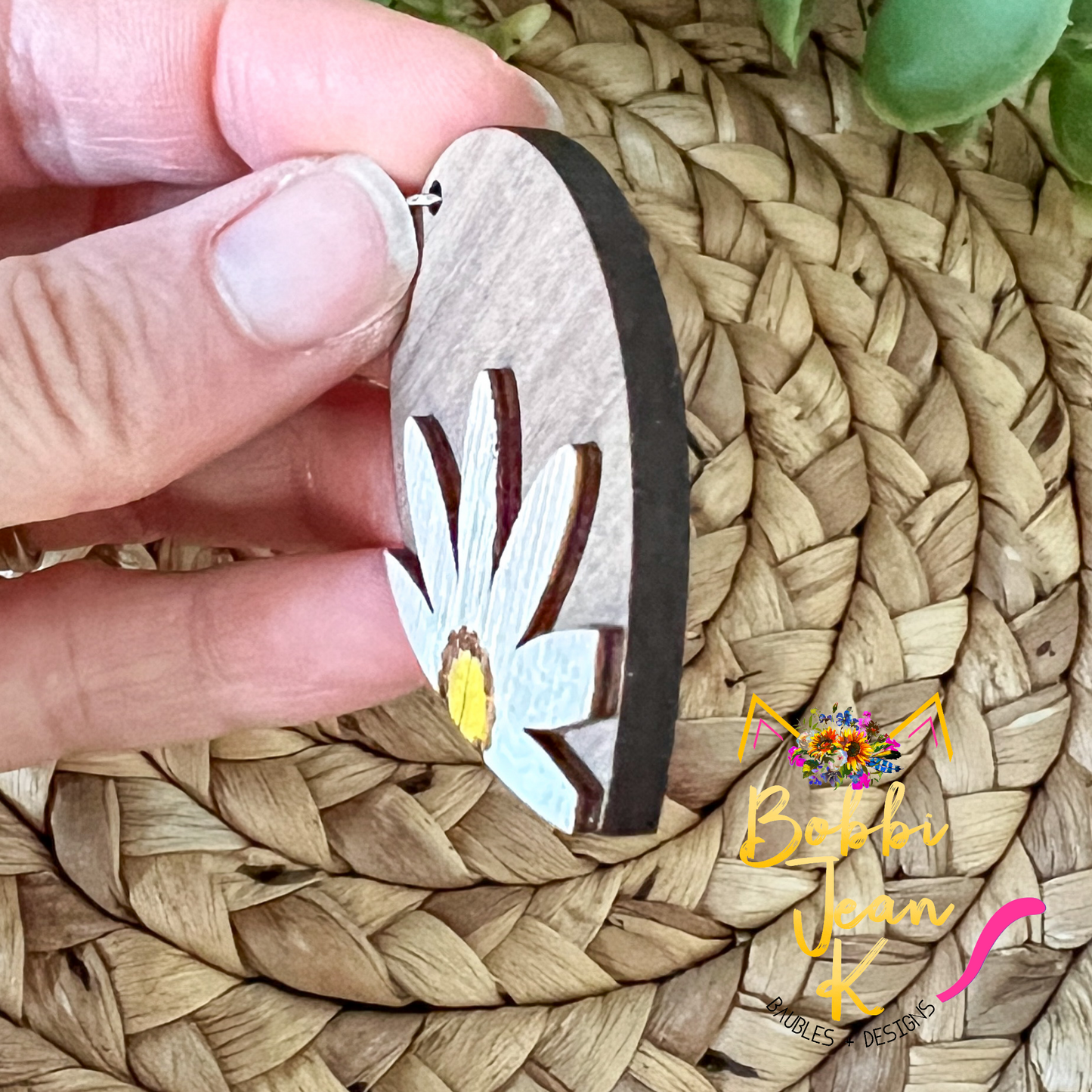 SALE: Distressed Daisy Hand Painted 3D Walnut Wood Inverted Teardrop Earrings:  Choose From 2 Size Options - DESIGN BEING DISCONTINUED