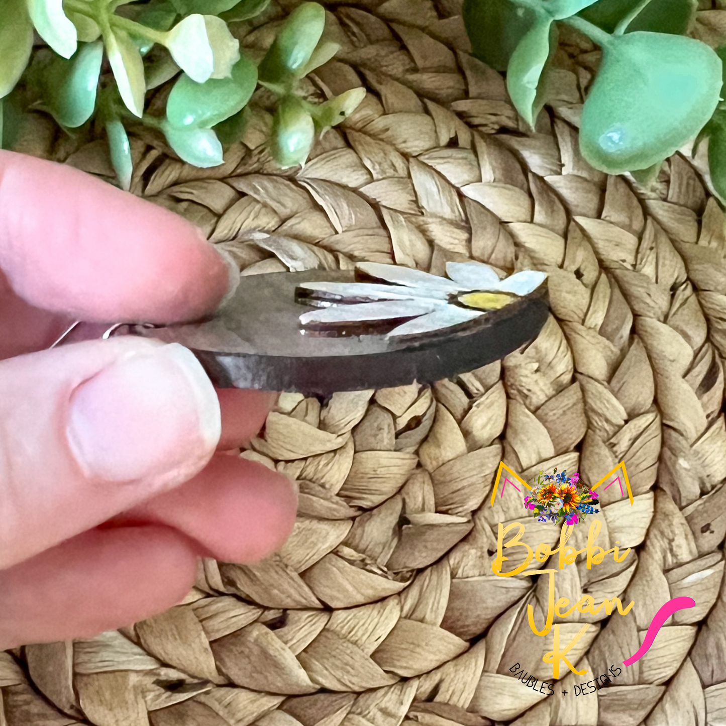 SALE: Distressed Daisy Hand Painted 3D Walnut Wood Inverted Teardrop Earrings:  Choose From 2 Size Options - DESIGN BEING DISCONTINUED