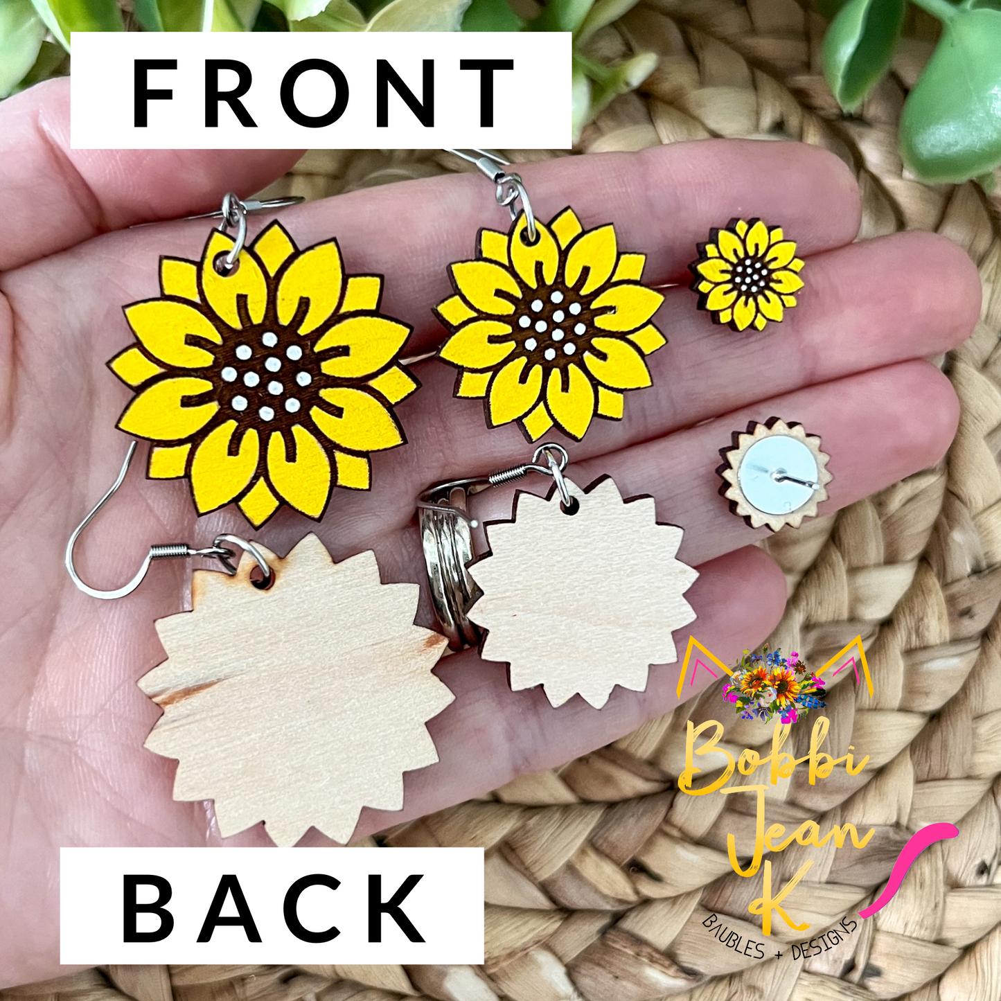 Hand Painted Sunflower Wood Dangles & Studs