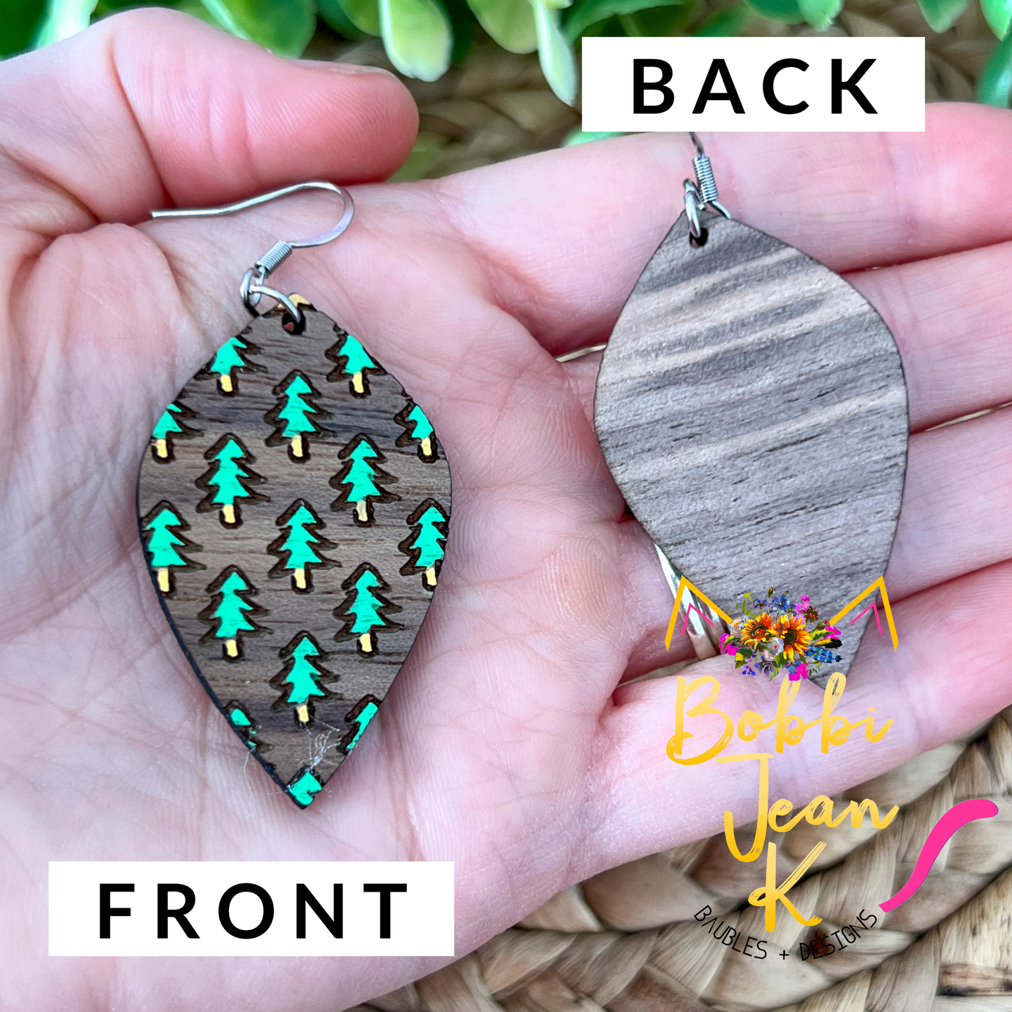 Hand Painted Walnut Wood Forest Earrings