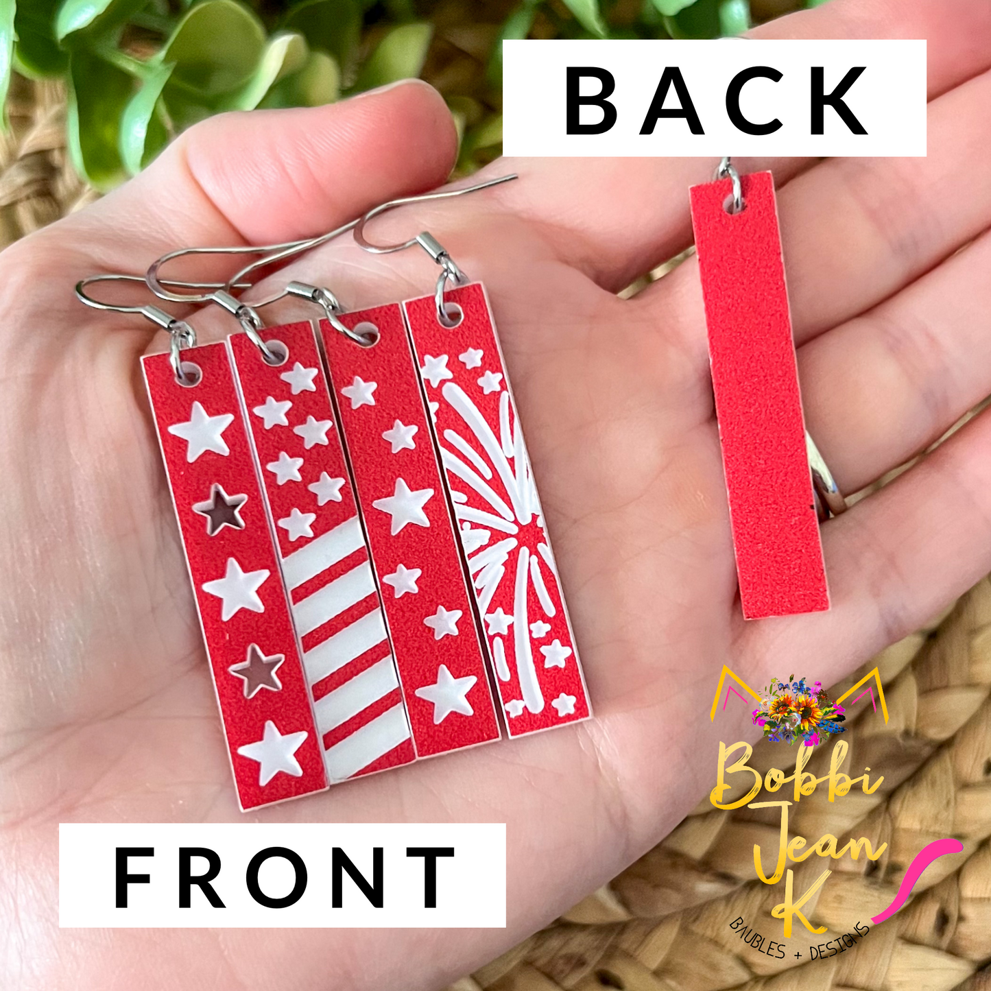 Red or Blue Engraved Patriotic Acrylic Bar Earrings: Choose From 4 Styles