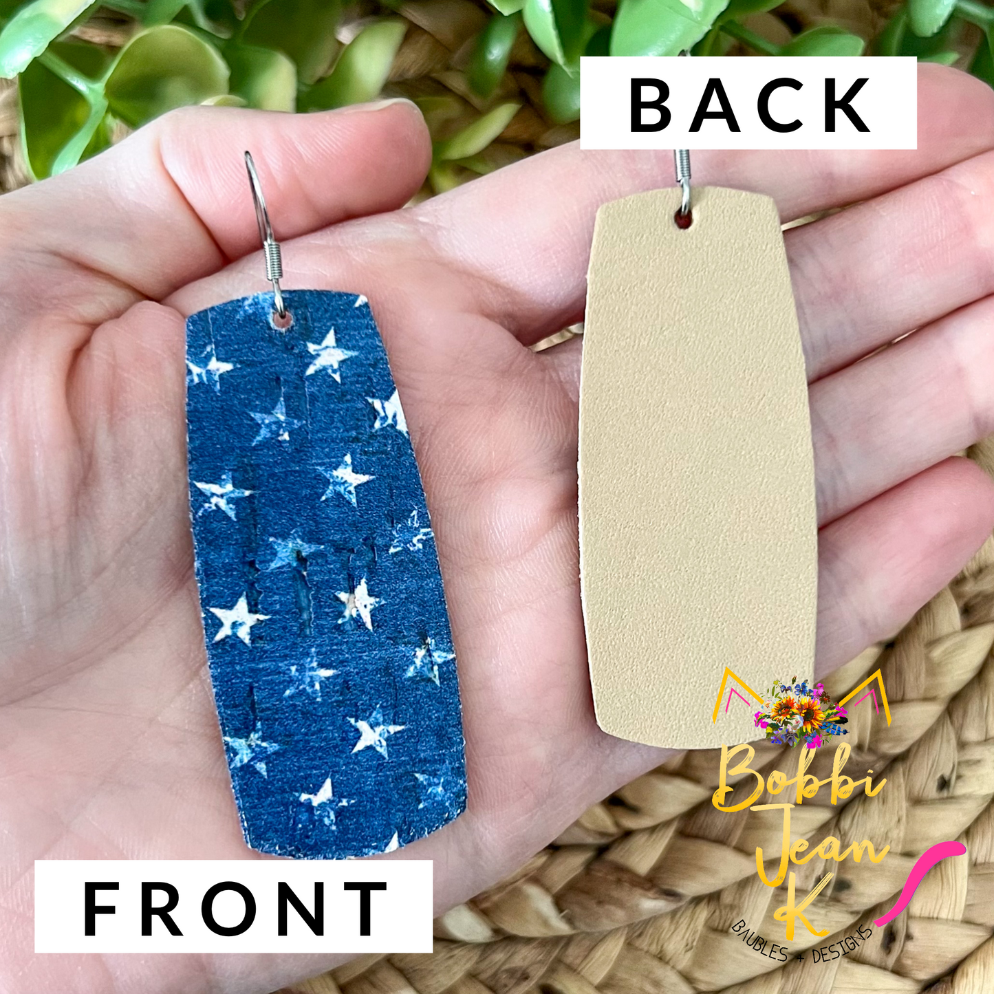 Denim Stars Bar Cork on Leather Earrings - LAST CHANCE