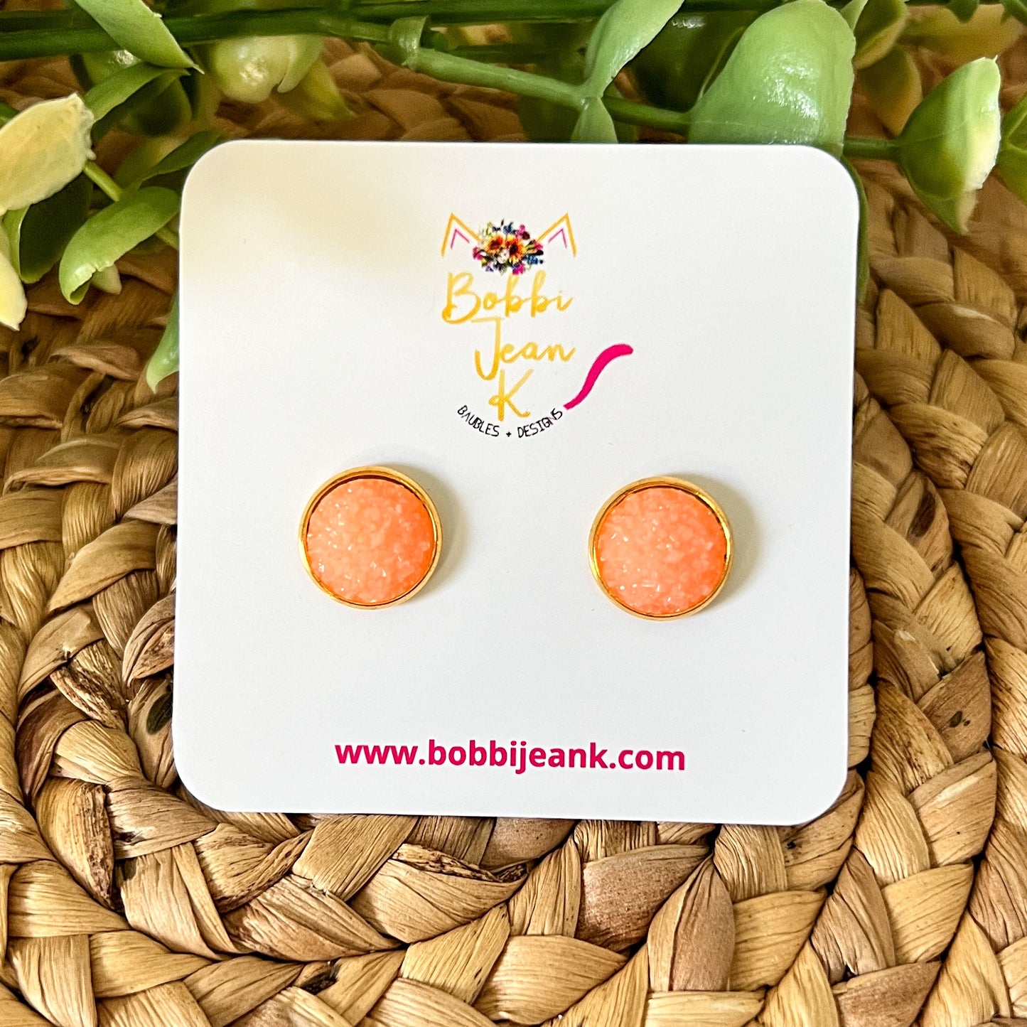 SALE: Peach Frosted Faux Druzy Studs 12mm: Choose Silver or Gold Settings - LOW STOCK