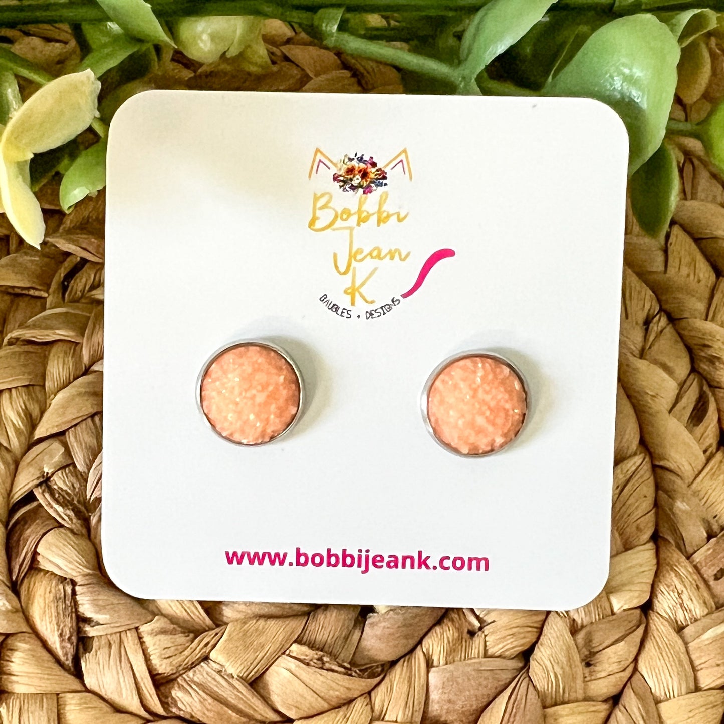 SALE: Peach Frosted Faux Druzy Studs 12mm: Choose Silver or Gold Settings - LOW STOCK