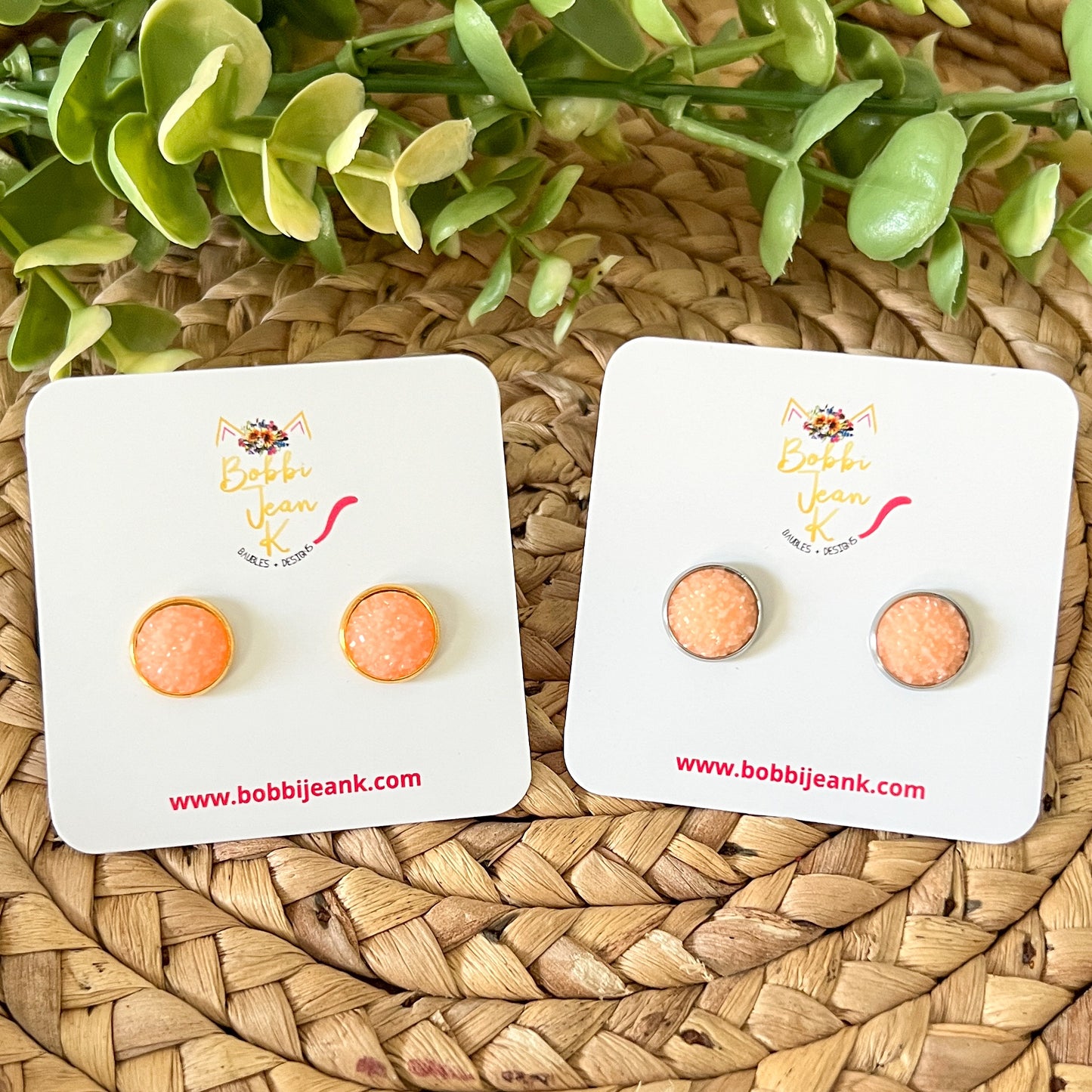 SALE: Peach Frosted Faux Druzy Studs 12mm: Choose Silver or Gold Settings - LOW STOCK