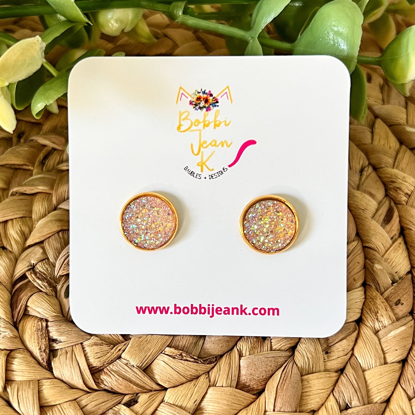 SALE: Peach Faux Druzy Studs 12mm: Choose Silver or Gold Settings