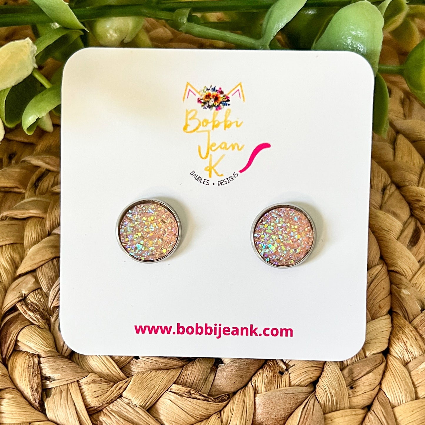SALE: Peach Faux Druzy Studs 12mm: Choose Silver or Gold Settings