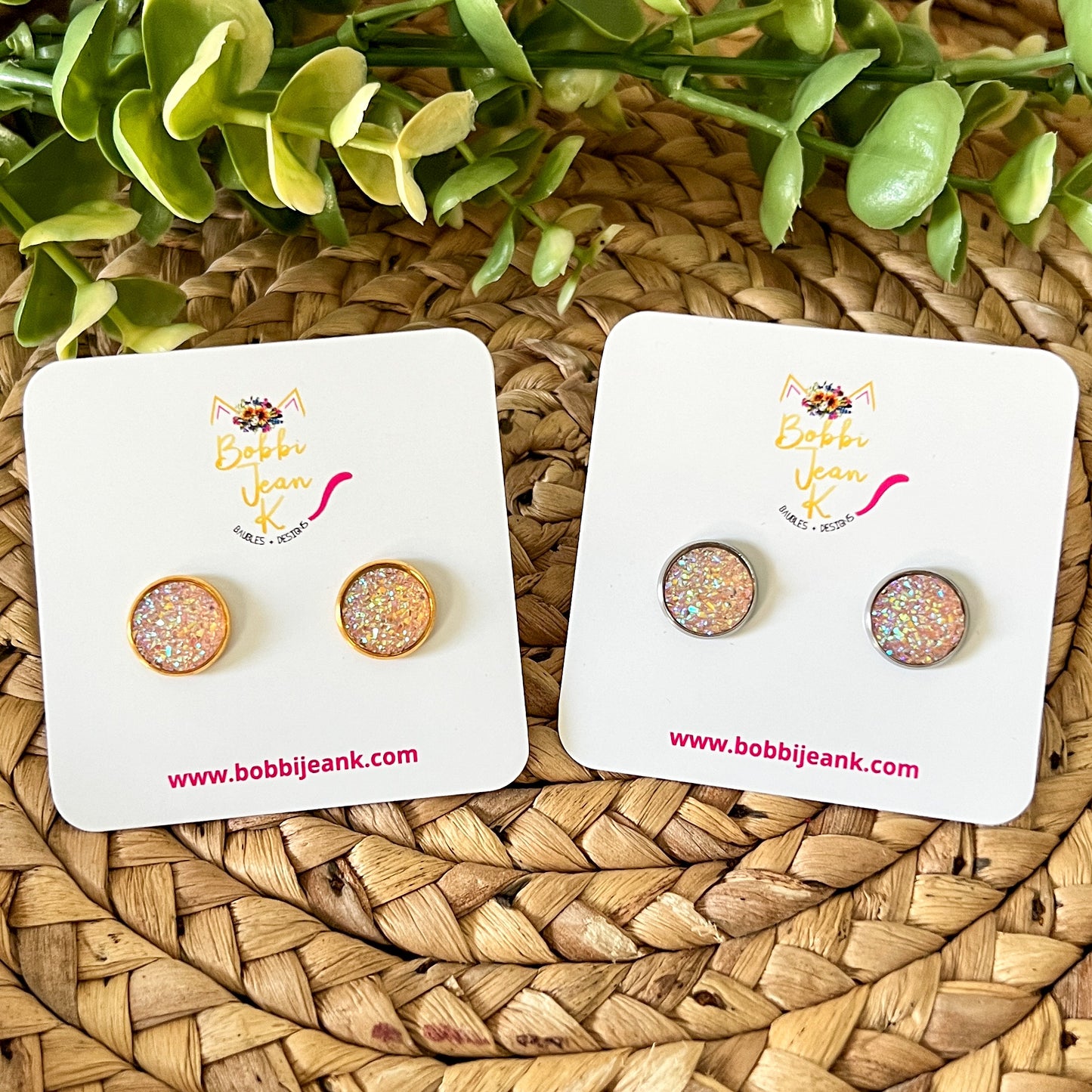SALE: Peach Faux Druzy Studs 12mm: Choose Silver or Gold Settings