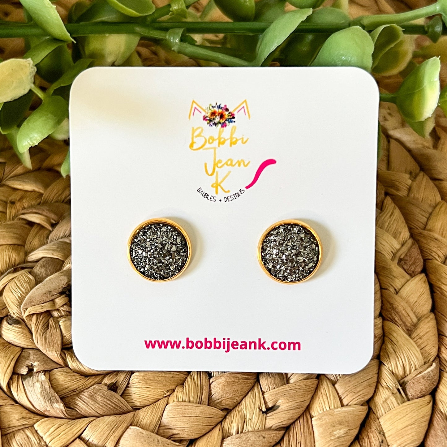 SALE: Charcoal Gray Faux Druzy Studs 12mm: Choose Silver or Gold Settings