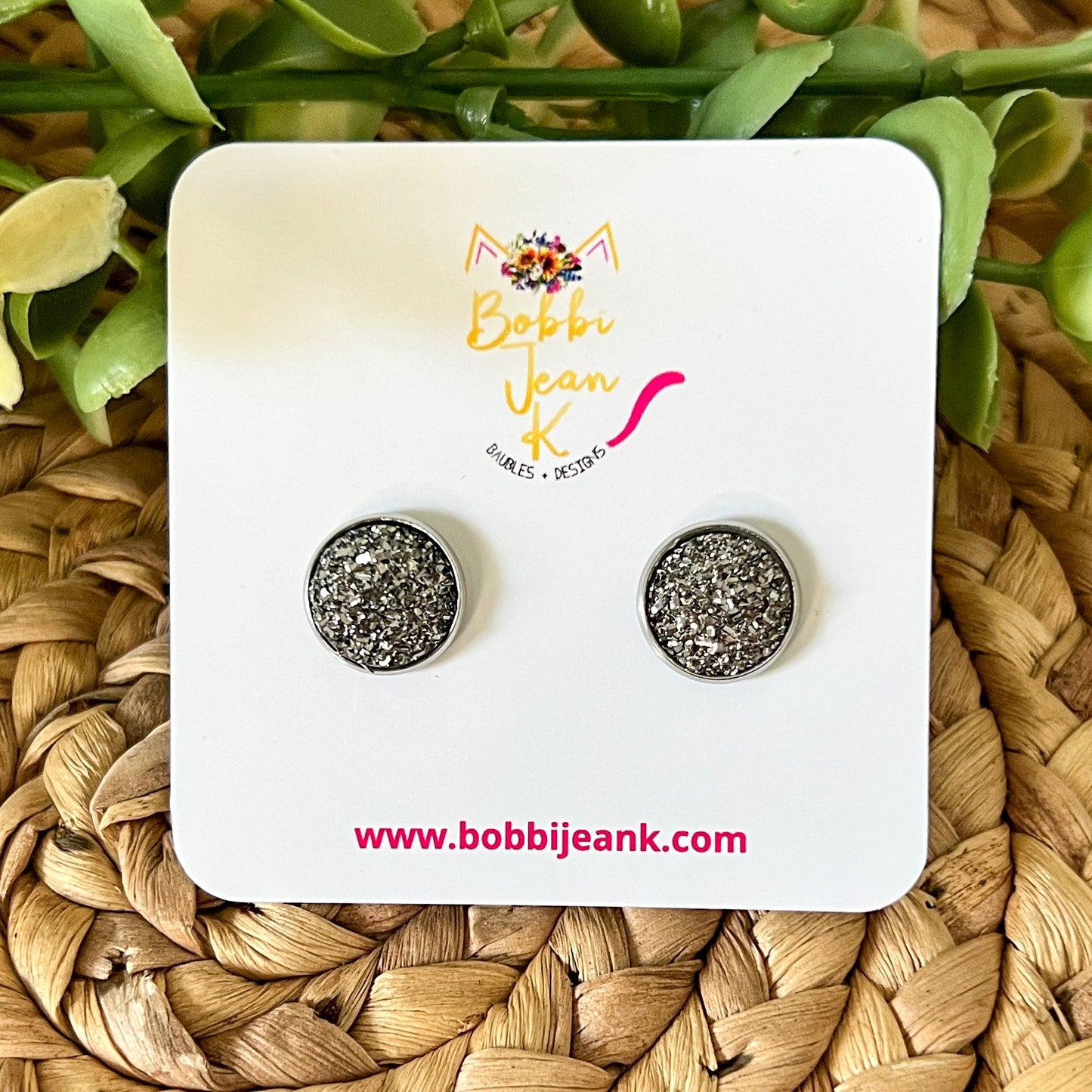 SALE: Charcoal Gray Faux Druzy Studs 12mm: Choose Silver or Gold Settings