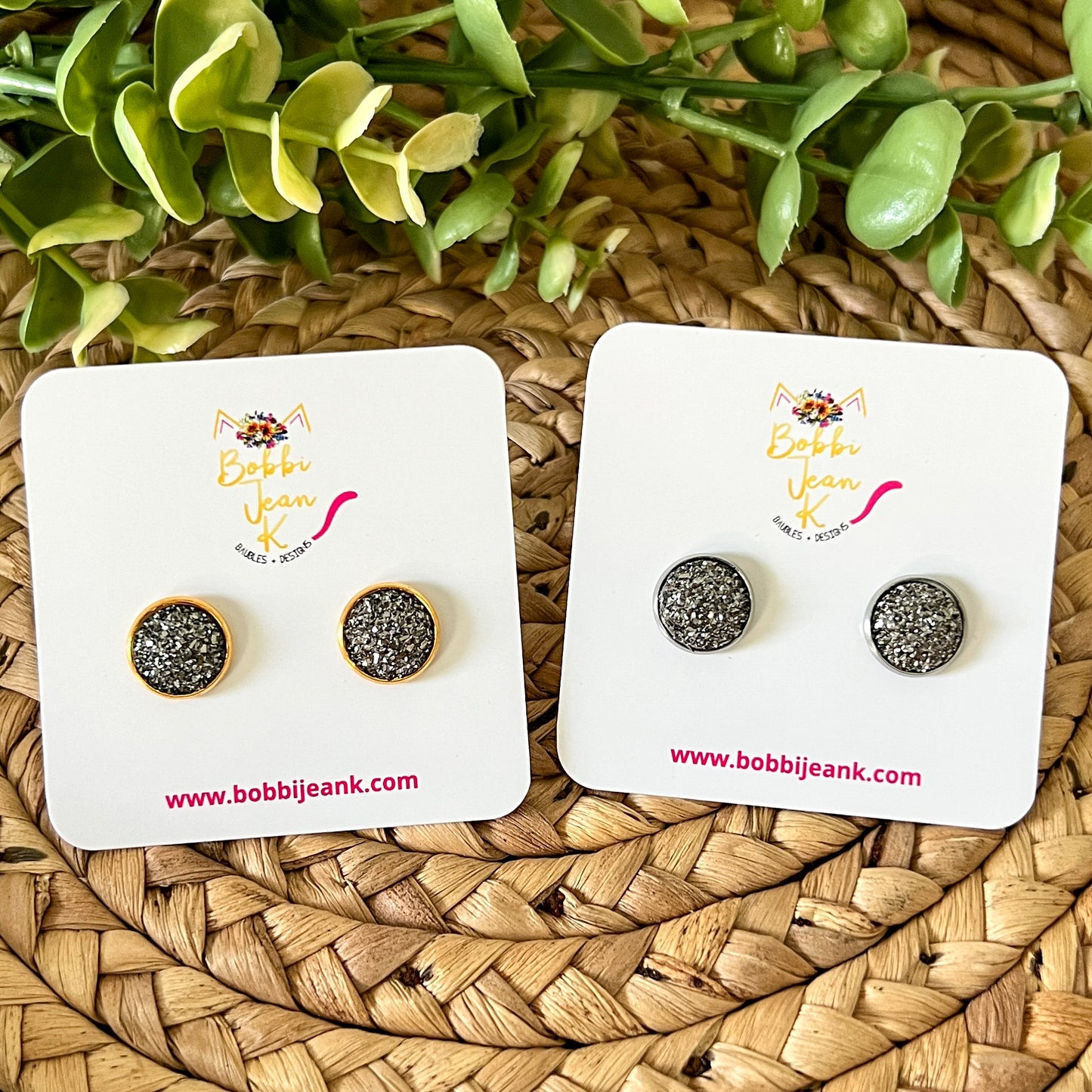 SALE: Charcoal Gray Faux Druzy Studs 12mm: Choose Silver or Gold Settings