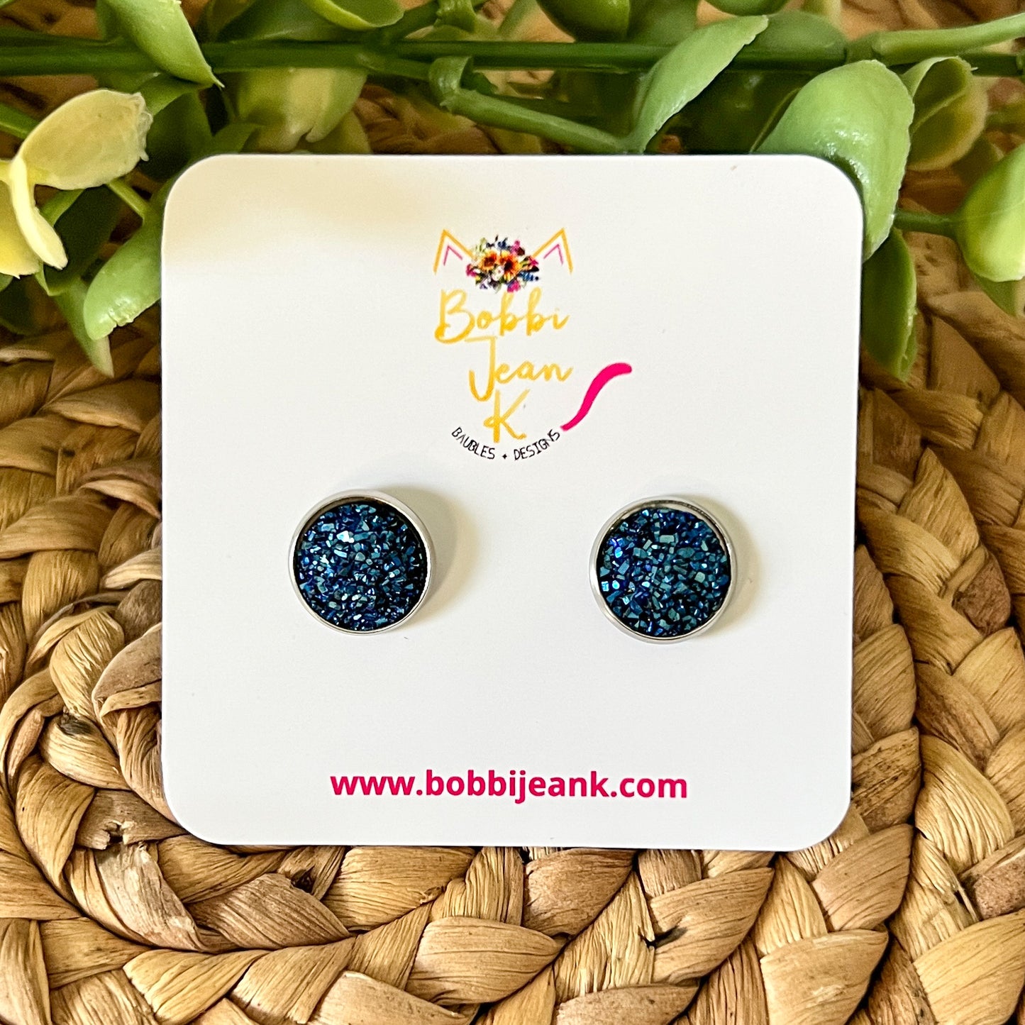 Midnight Blue Faux Druzy Studs 12mm: Choose Silver or Gold Settings